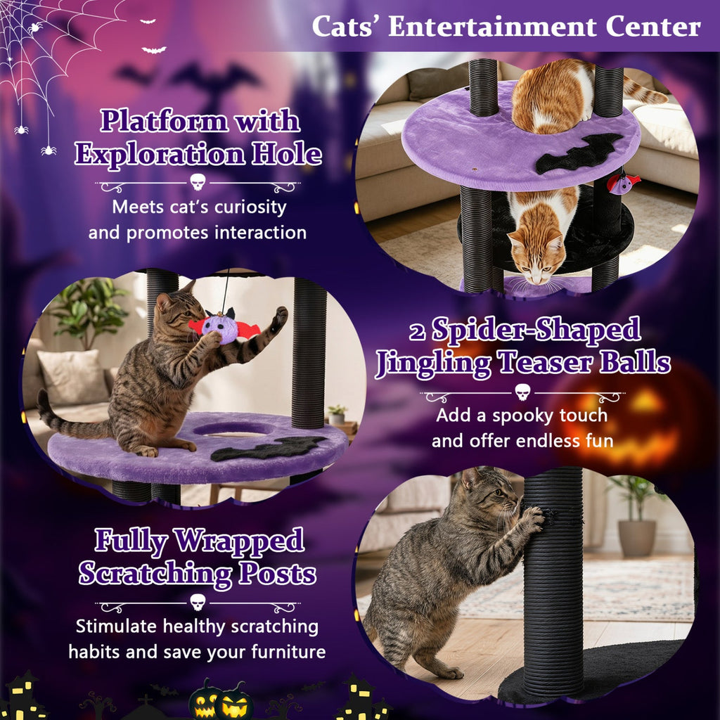 60" Gothic Cat Tower with Plush Perch and Hanging Toys - Majestic Pet Kingdom