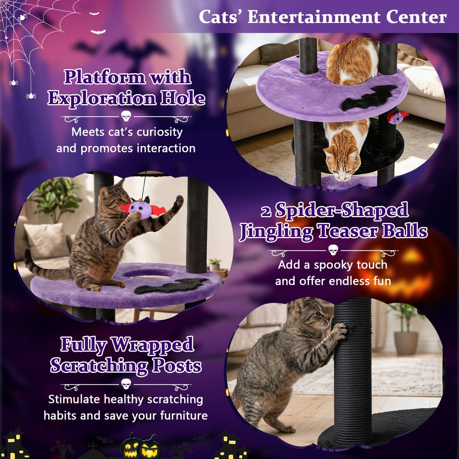 60" Gothic Cat Tower with Plush Perch and Hanging Toys - Majestic Pet Kingdom