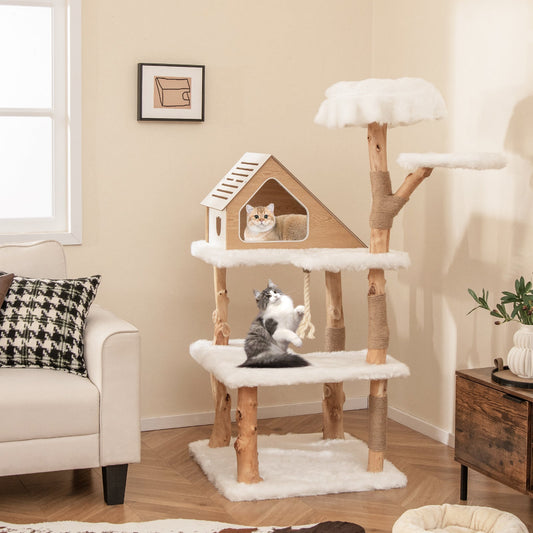 60 Inch Tall Solid Wood Cat Tree Modern Wooden Cat Tower with 2 Perches-White - Majestic Pet Kingdom