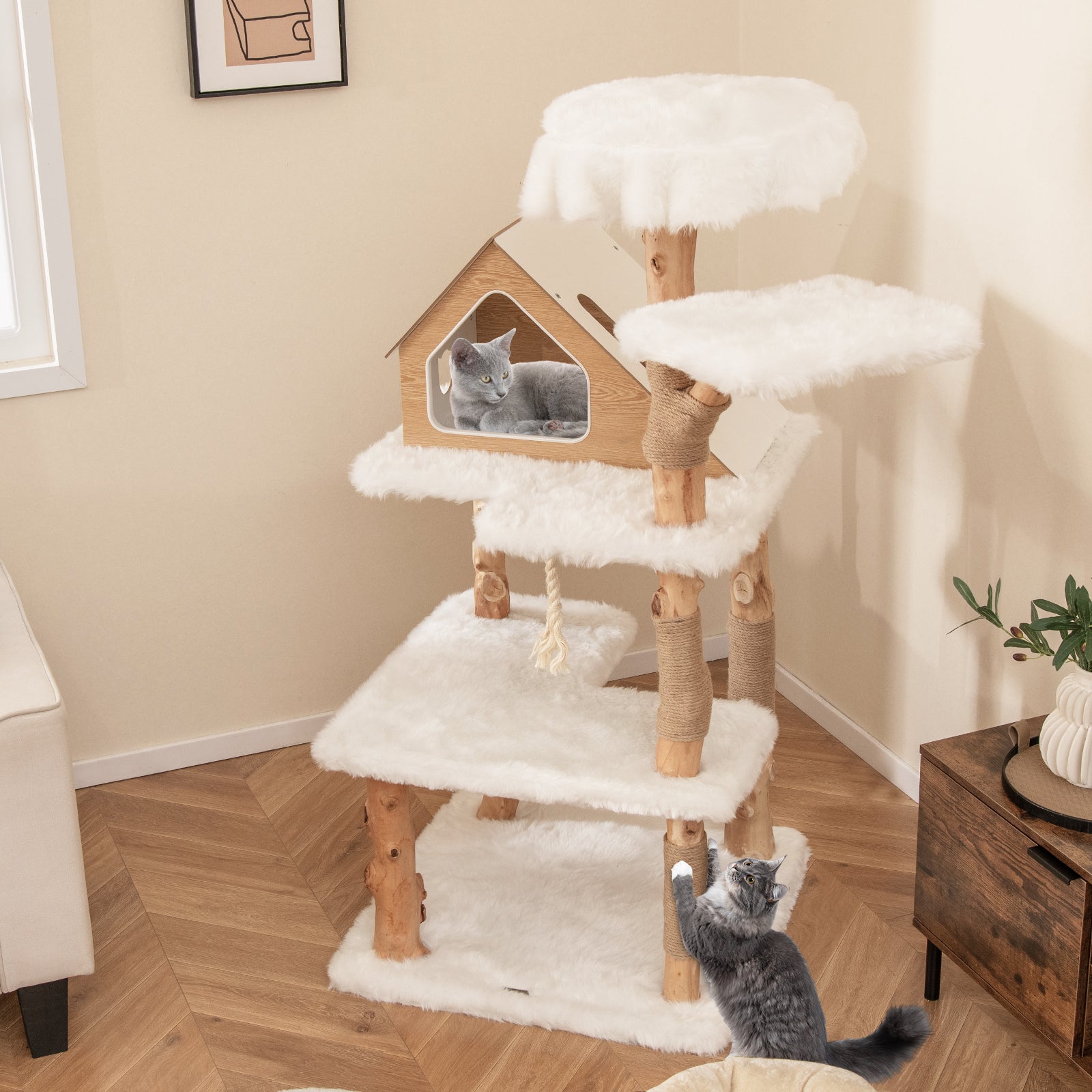 60 Inch Tall Solid Wood Cat Tree Modern Wooden Cat Tower with 2 Perches-White - Majestic Pet Kingdom