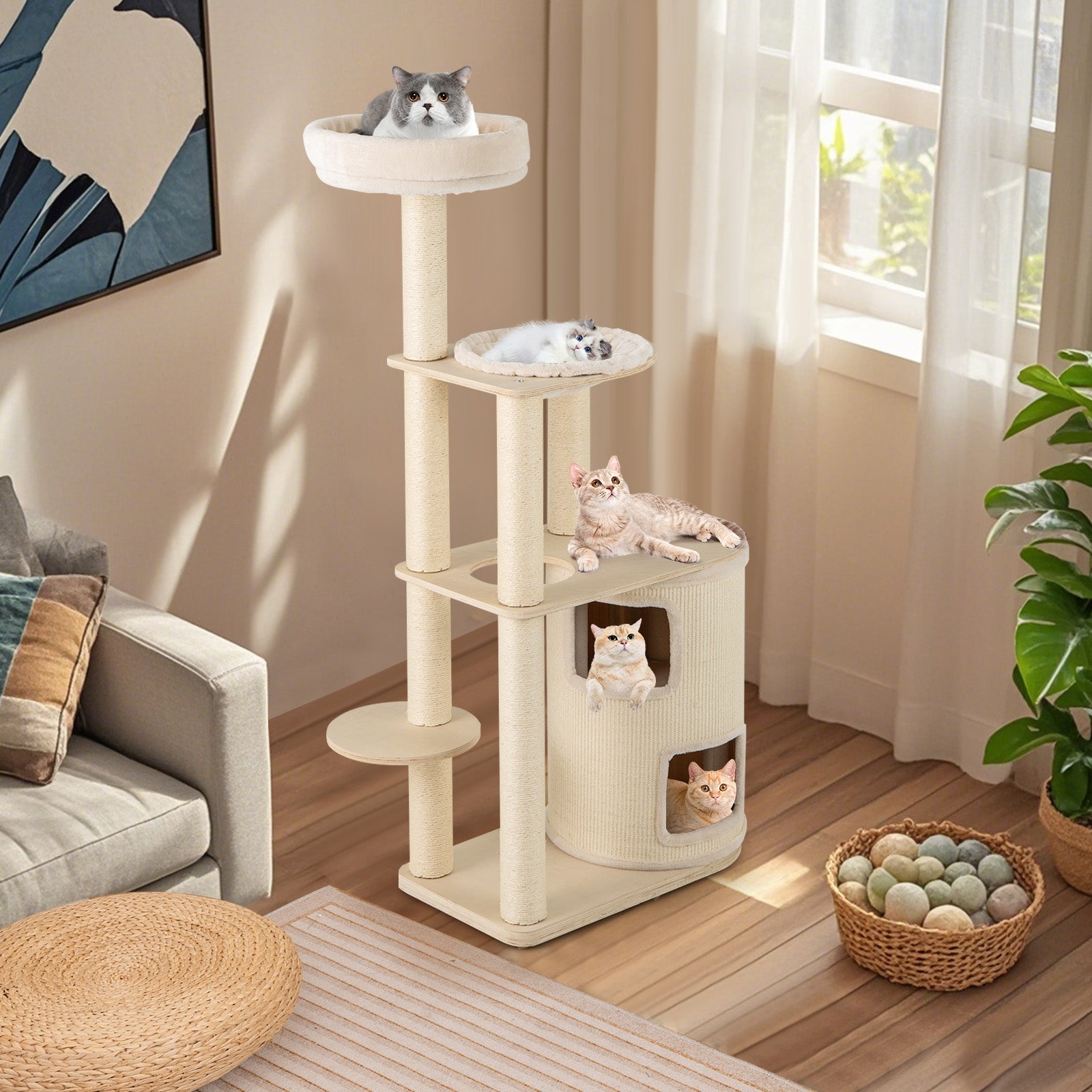 60 Inches Tall Cat Tree with 2-Story Condo and Sisal Scratching Posts-Natural - Majestic Pet Kingdom