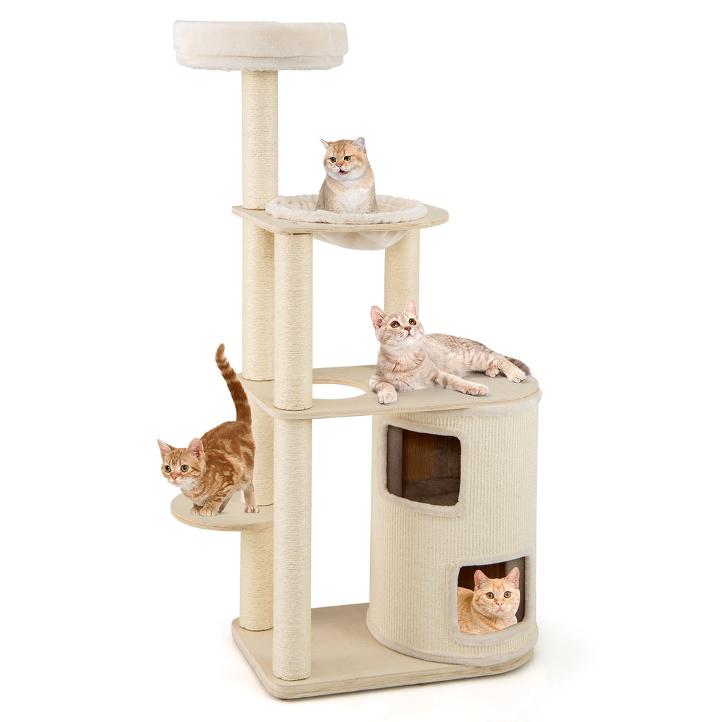 60 Inches Tall Cat Tree with 2-Story Condo and Sisal Scratching Posts-Natural - Majestic Pet Kingdom