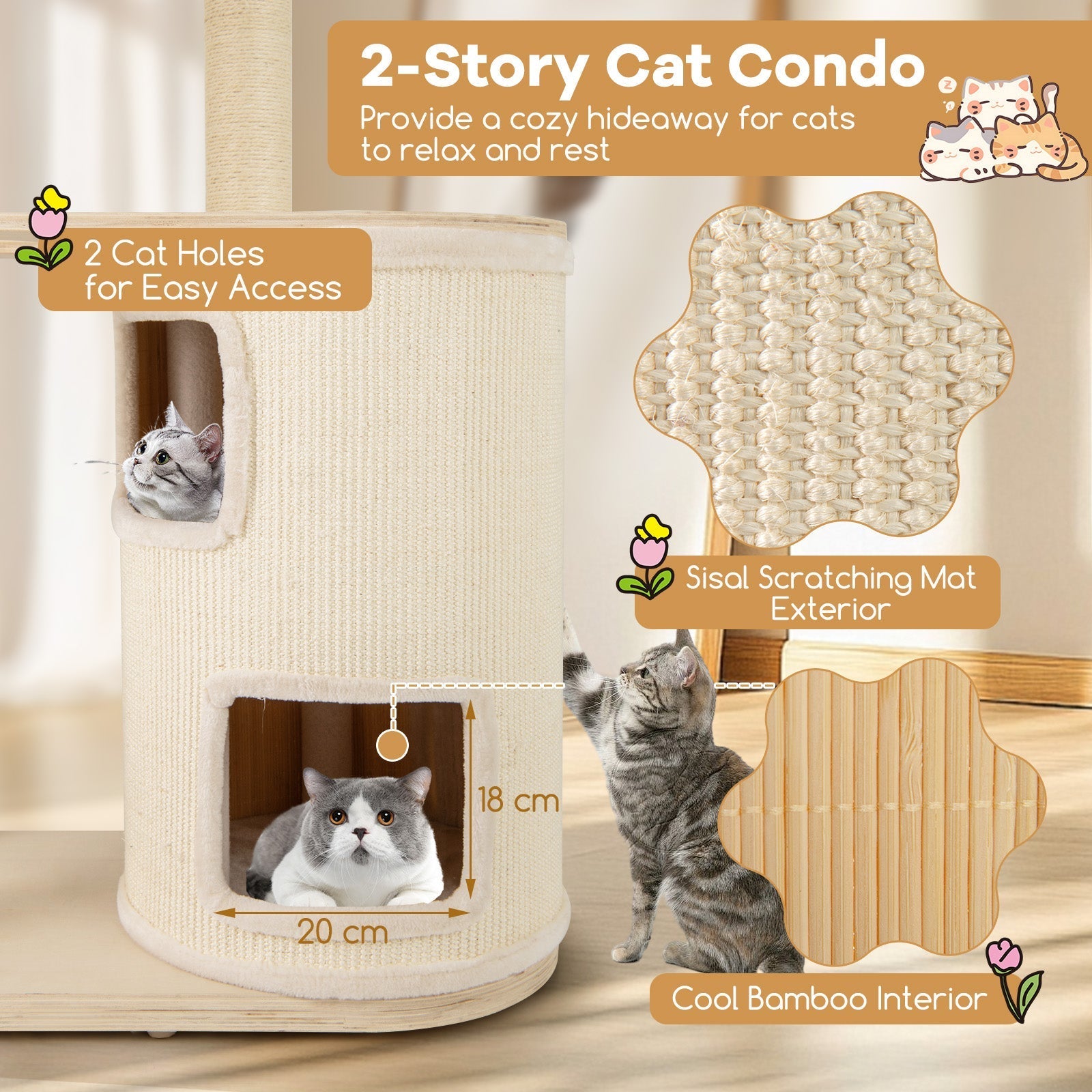 60 Inches Tall Cat Tree with 2-Story Condo and Sisal Scratching Posts-Natural - Majestic Pet Kingdom