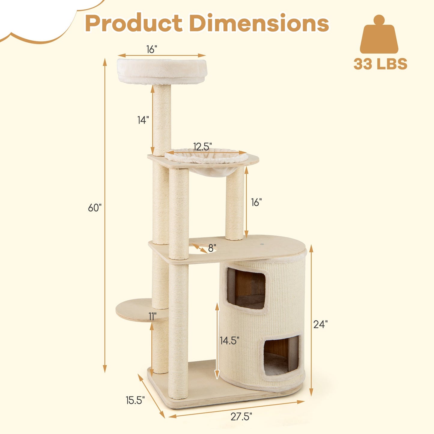 Cat Tree 60-Inch Tower 2-Story Condo Sisal Posts Natural Wood - Detail Angle 5 | Majestic Pet Kingdom