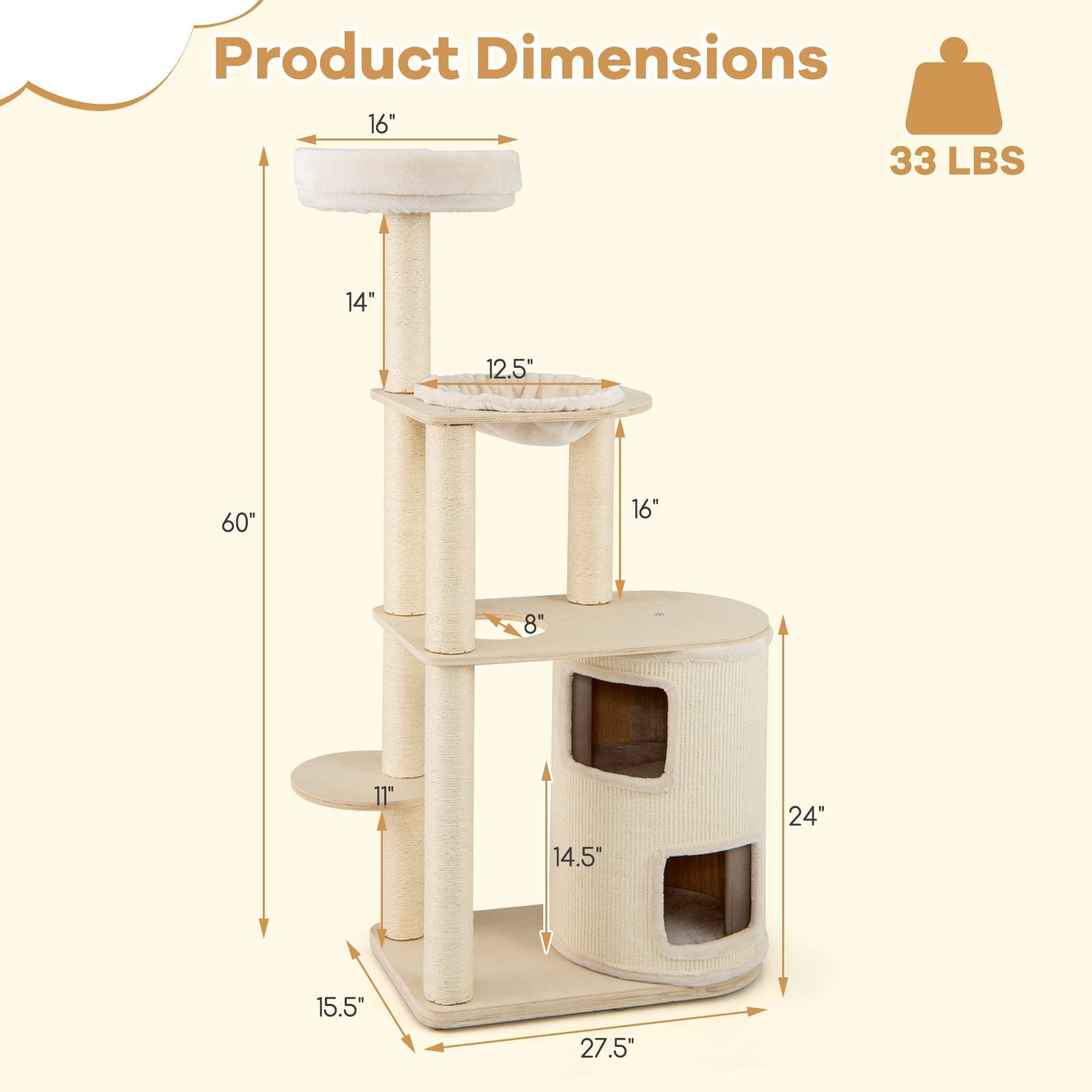 60 Inches Tall Cat Tree with 2-Story Condo and Sisal Scratching Posts-Natural - Majestic Pet Kingdom