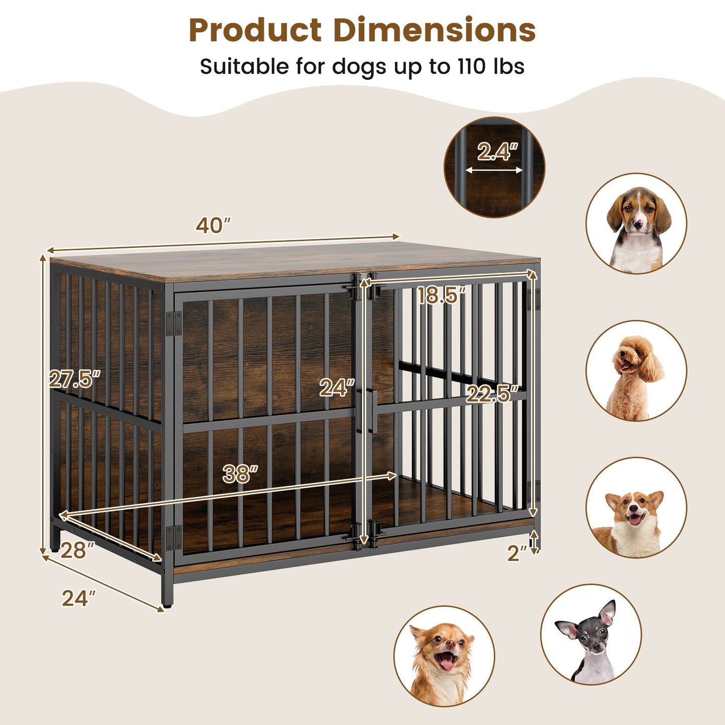 40 Inch Dog Crate Furniture Dog Kennel with Dual Lockable Double Doors | Purrfect Pet Kingdom