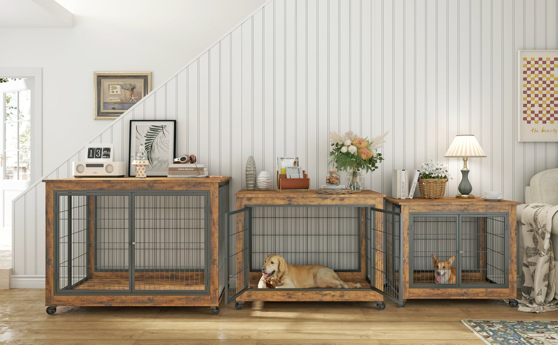 Dog Crate Furniture 43.7in Large Rolling Table Lift-Top Brown - Detail Angle 4 | Majestic Pet Kingdom