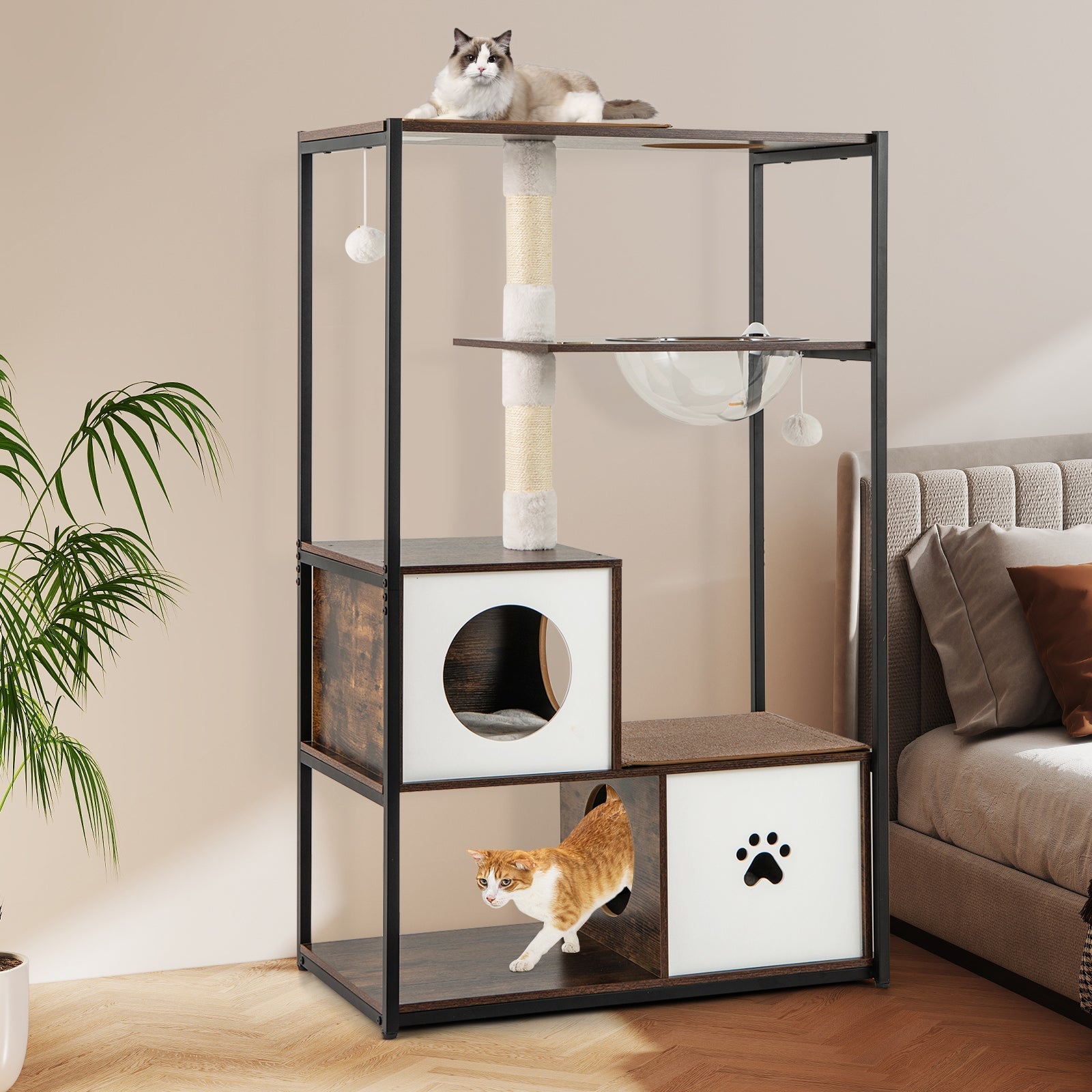 52 Inch Tall Wooden Cat Tree Metal Frame with 2 Condos and Cushions-Coffee - Majestic Pet Kingdom