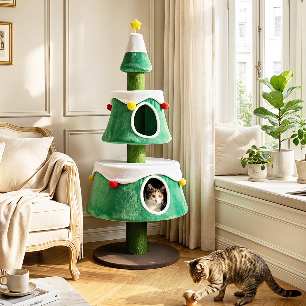 61.5" Christmas Tree Cat Tower with 2 Condos & Scratching Posts - Majestic Pet Kingdom