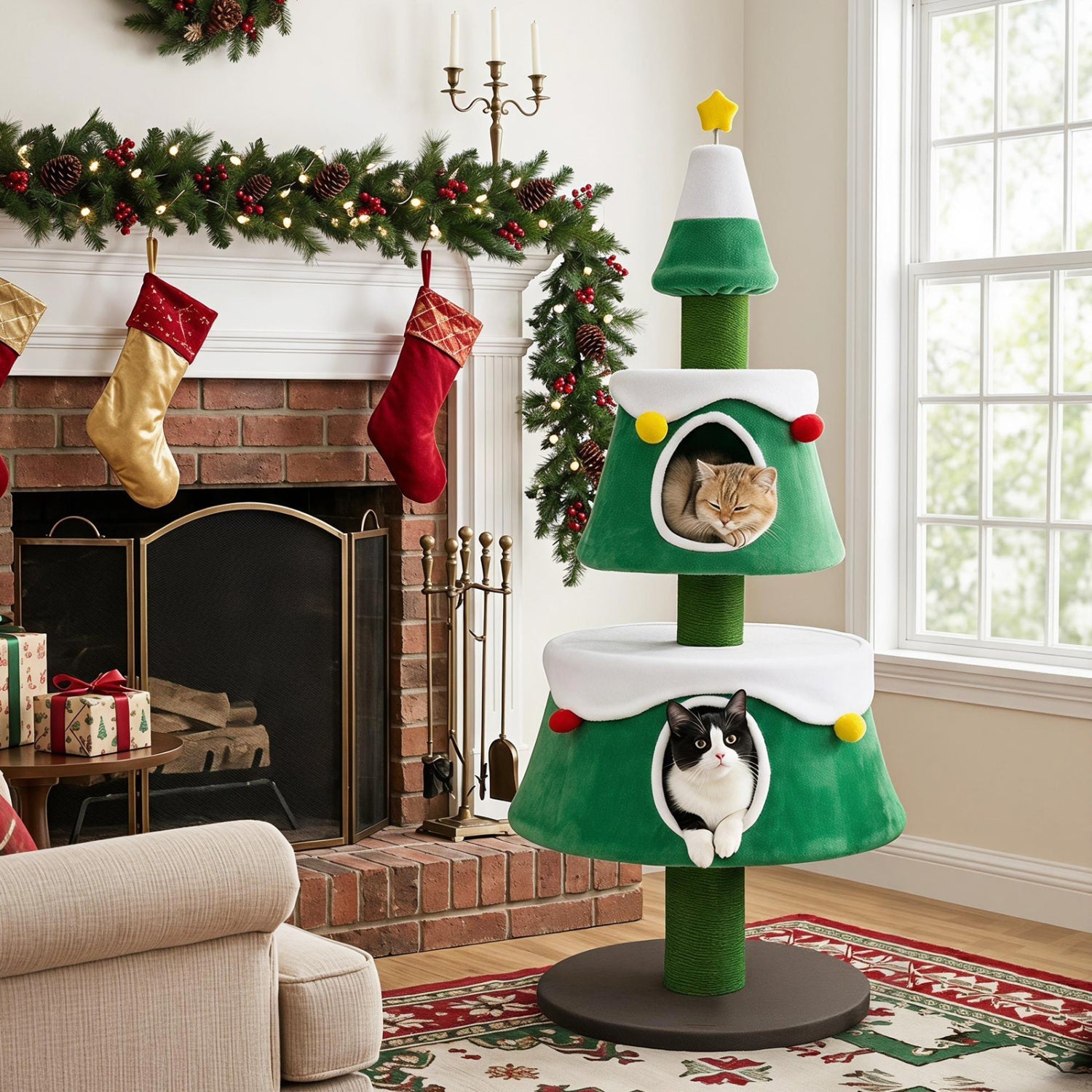 61.5" Christmas Tree Cat Tower with 2 Condos & Scratching Posts - Majestic Pet Kingdom