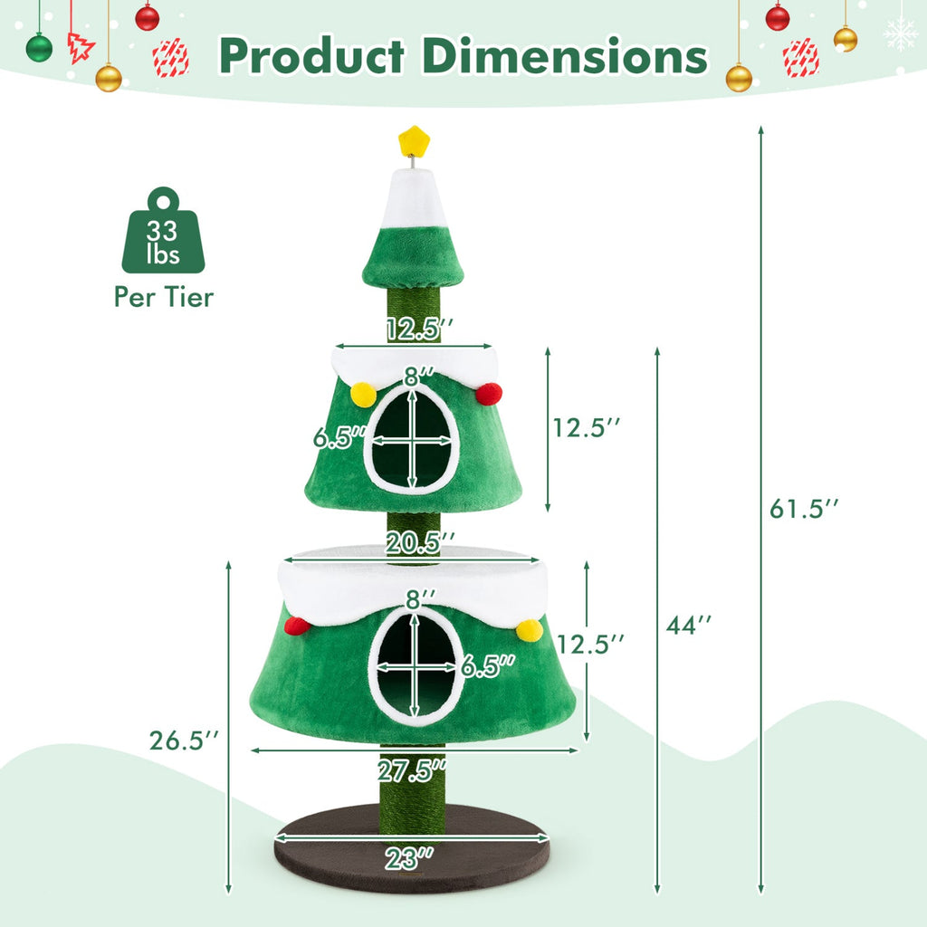 61.5" Christmas Tree Cat Tower with 2 Condos & Scratching Posts - Majestic Pet Kingdom