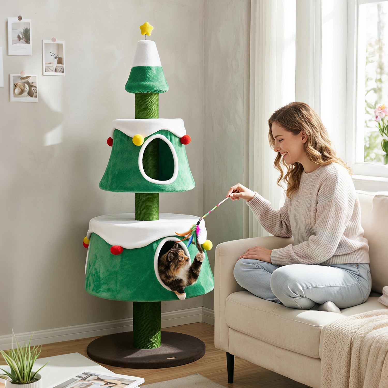 61.5" Christmas Tree Cat Tower with 2 Condos & Scratching Posts - Majestic Pet Kingdom