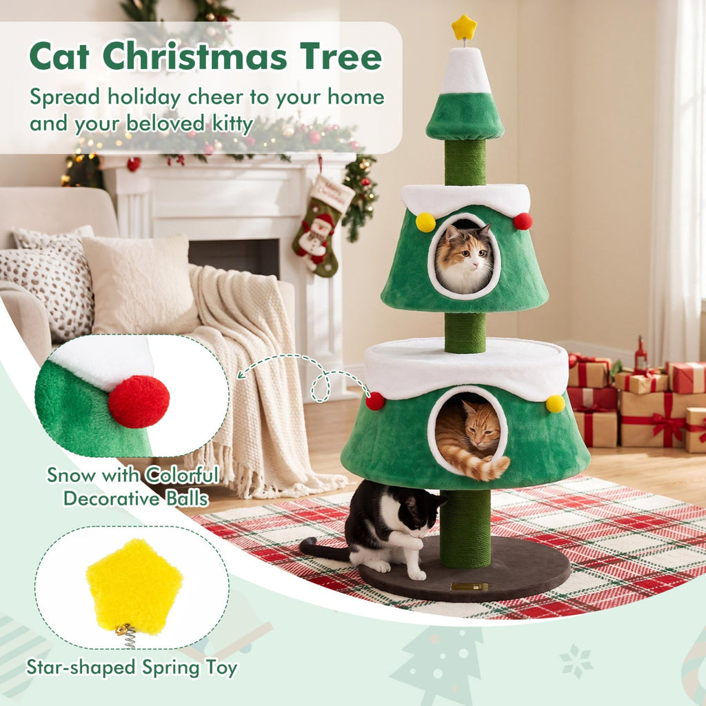 61.5" Christmas Tree Cat Tower with 2 Condos & Scratching Posts - Majestic Pet Kingdom