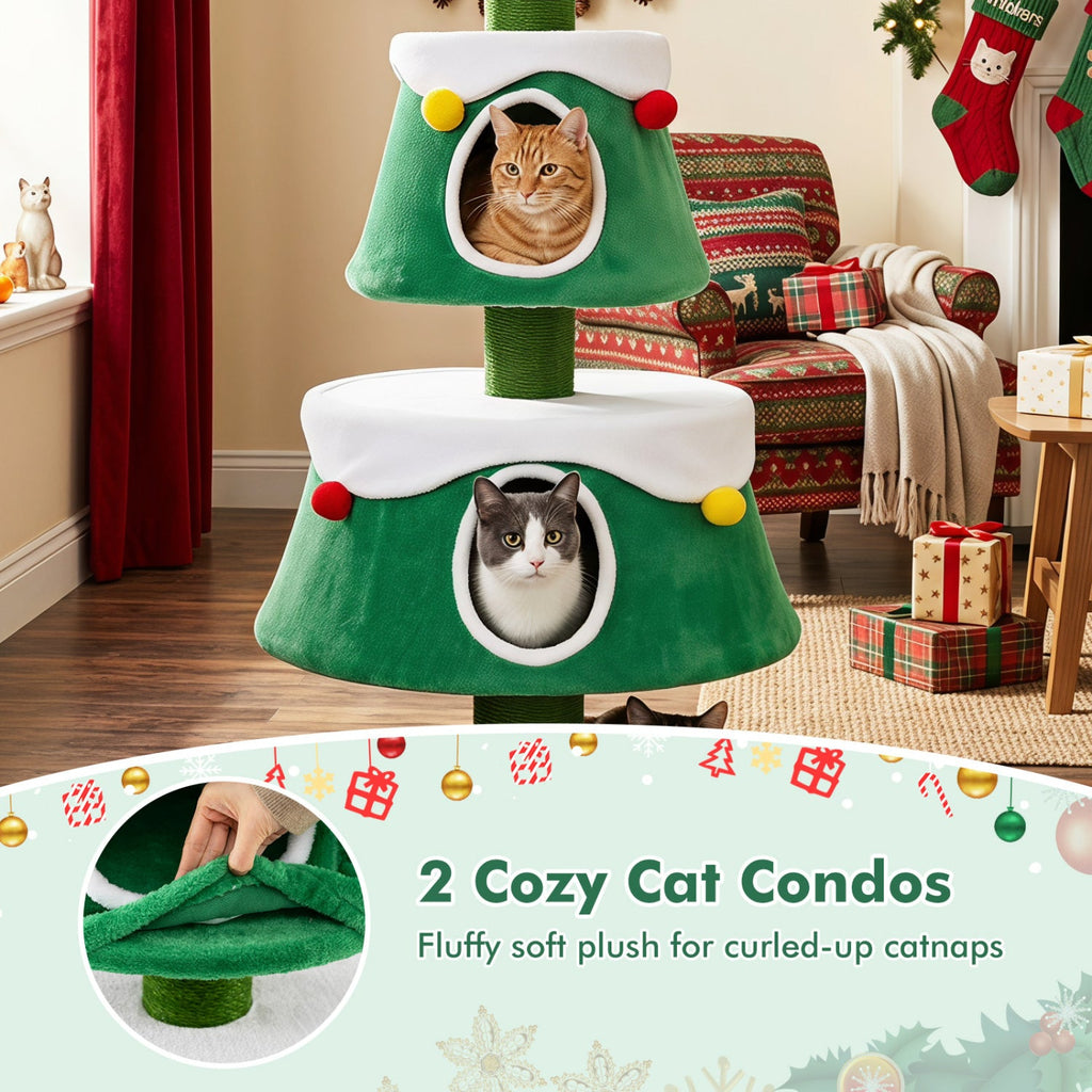 61.5" Christmas Tree Cat Tower with 2 Condos & Scratching Posts - Majestic Pet Kingdom