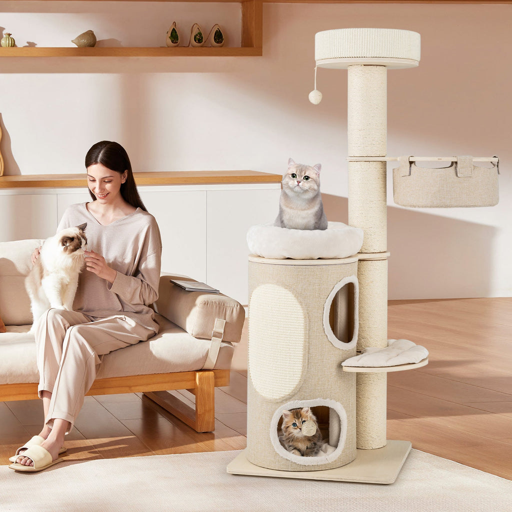 61 Inches Cat Tree for Indoor Cats with 2-stoery Condo and Top Perch-Natural - Majestic Pet Kingdom