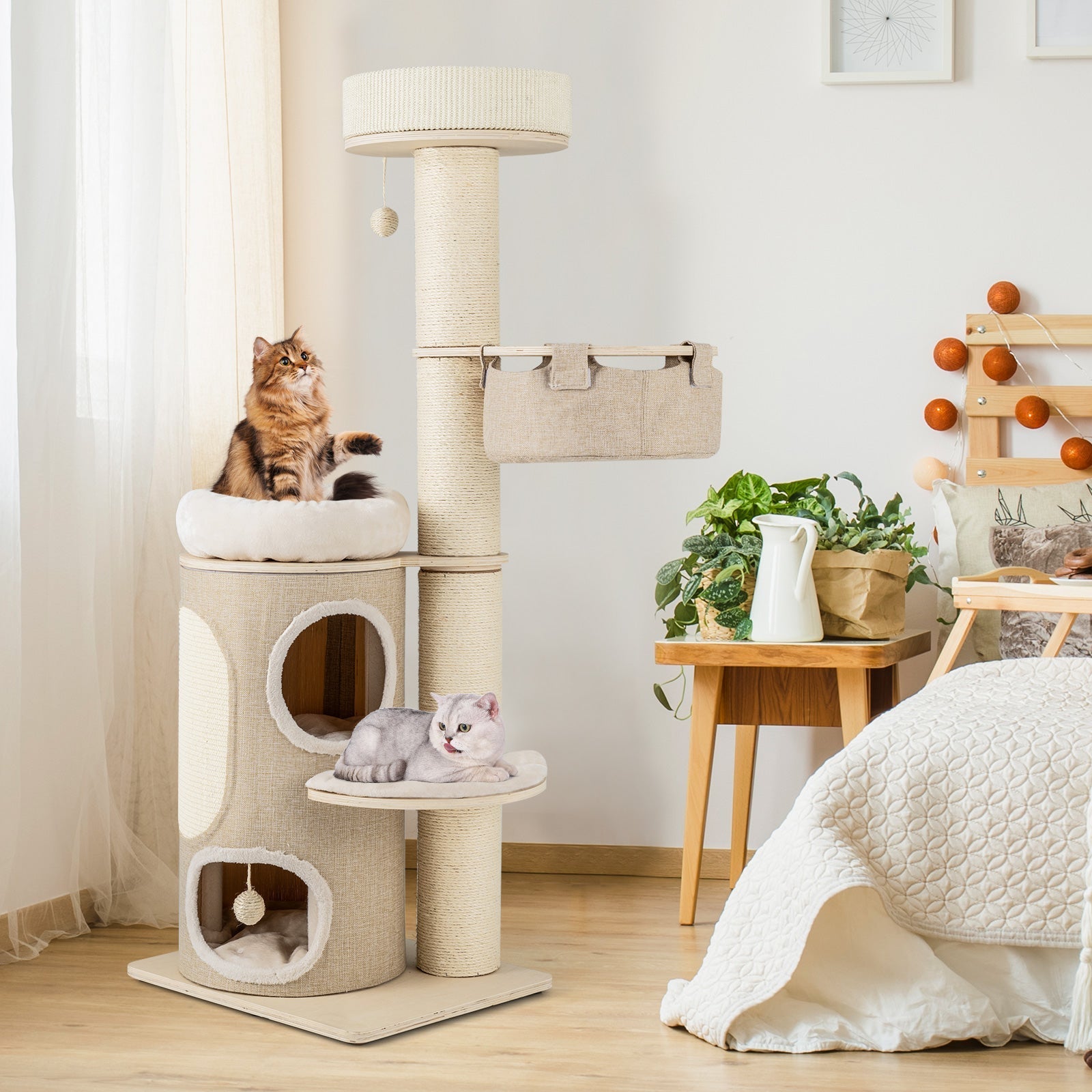 61 Inches Cat Tree for Indoor Cats with 2-stoery Condo and Top Perch-Natural - Majestic Pet Kingdom
