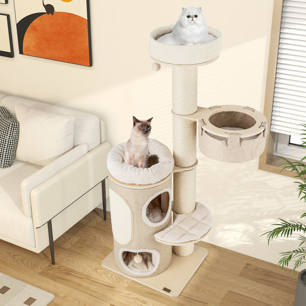 61 Inches Cat Tree for Indoor Cats with 2-stoery Condo and Top Perch-Natural - Majestic Pet Kingdom