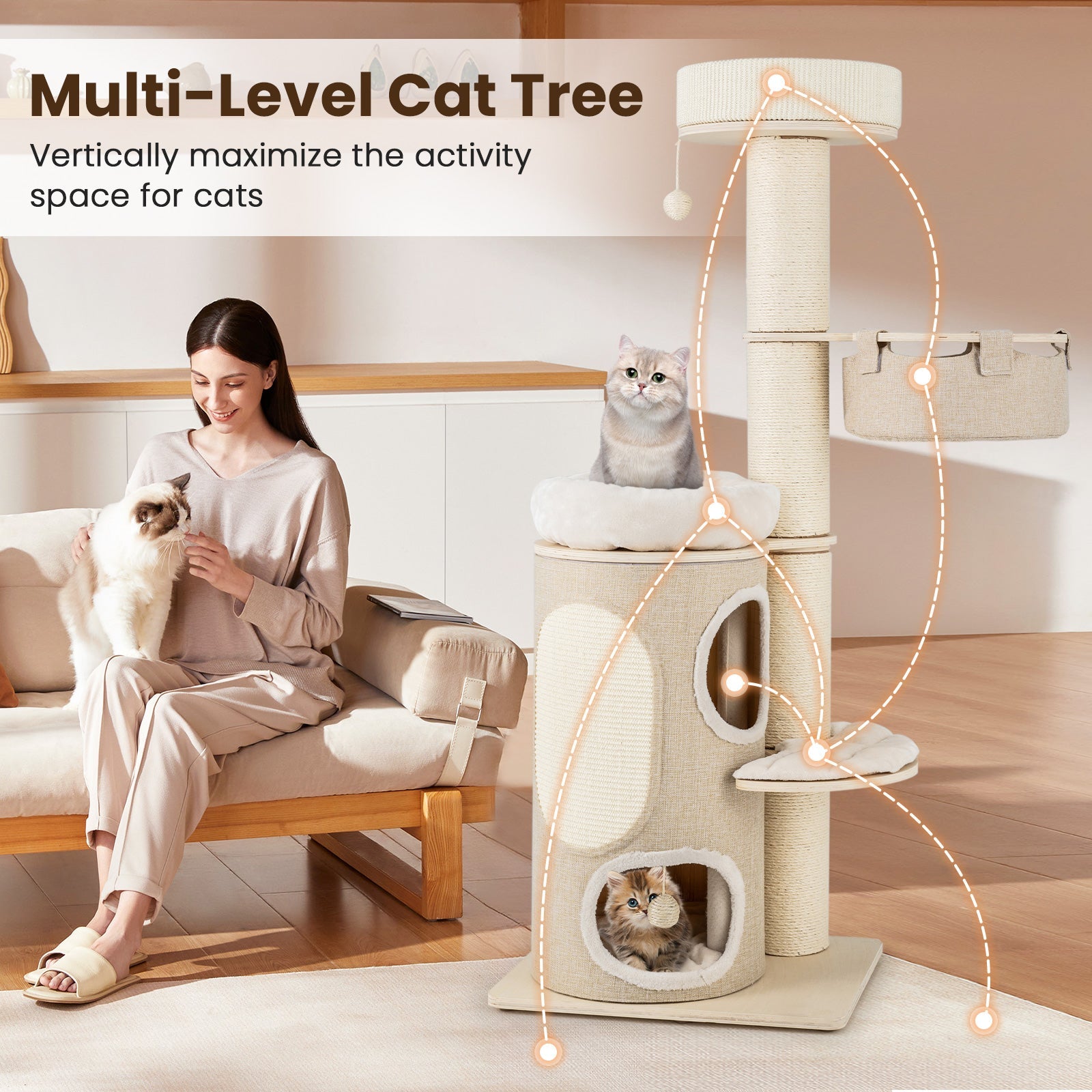 61 Inches Cat Tree for Indoor Cats with 2-stoery Condo and Top Perch-Natural - Majestic Pet Kingdom