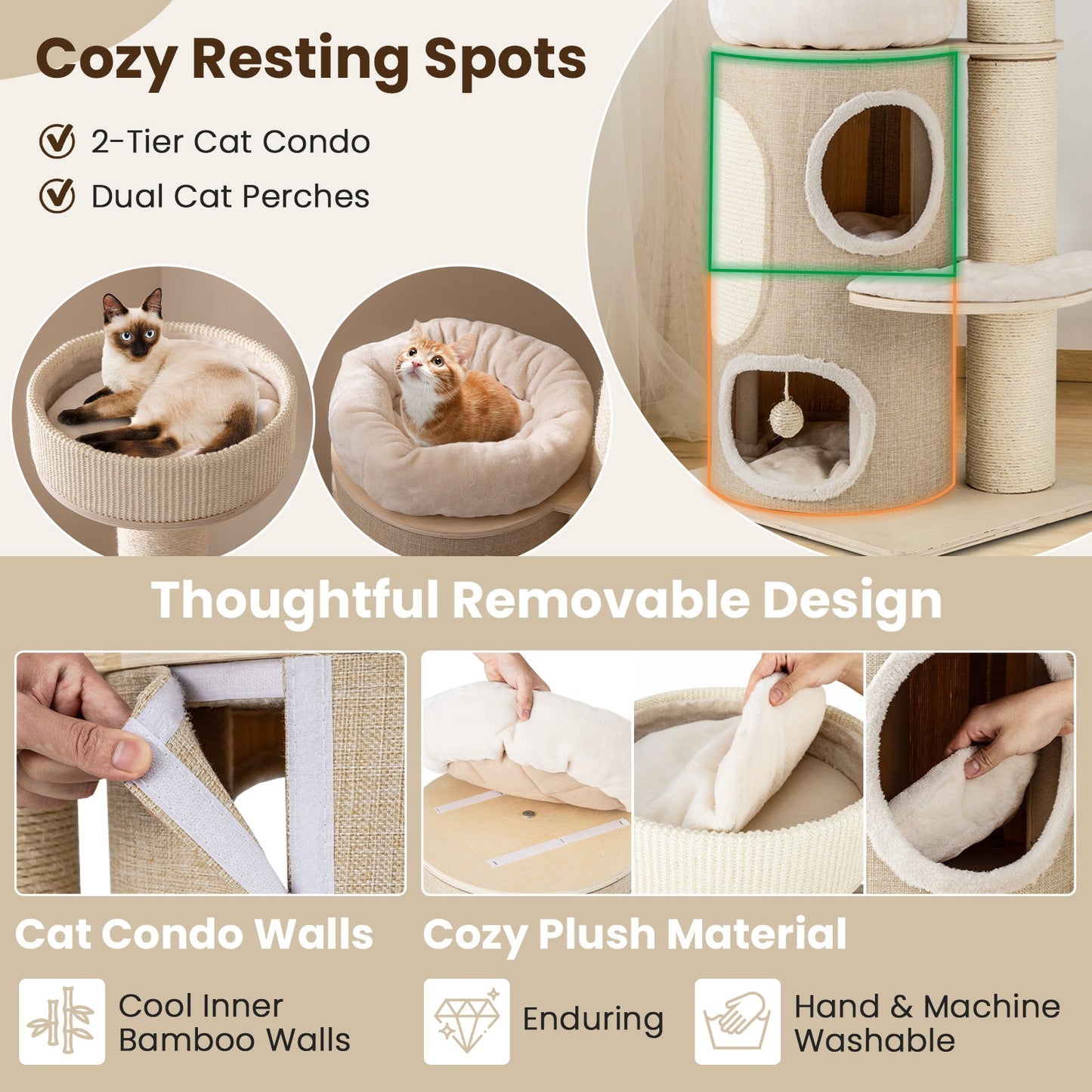61 Inches Cat Tree for Indoor Cats with 2-stoery Condo and Top Perch-Natural - Majestic Pet Kingdom