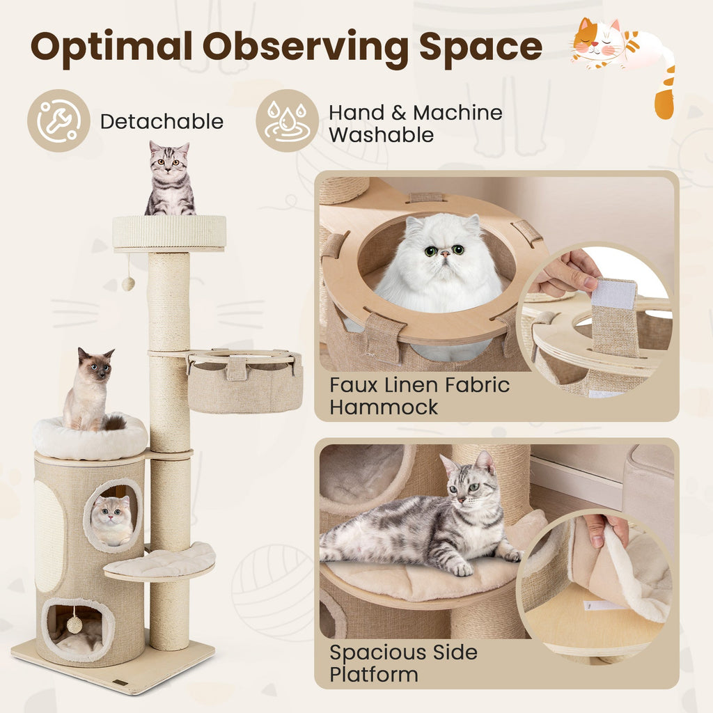 61 Inches Cat Tree for Indoor Cats with 2-stoery Condo and Top Perch-Natural - Majestic Pet Kingdom