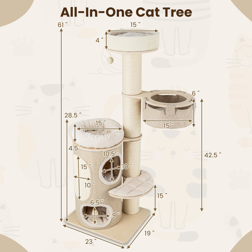 61 Inches Cat Tree for Indoor Cats with 2-stoery Condo and Top Perch-Natural - Majestic Pet Kingdom