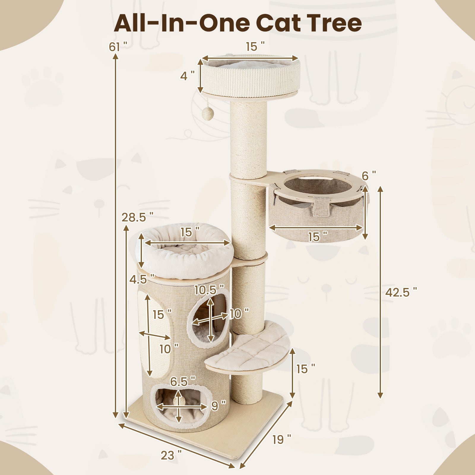 61 Inches Cat Tree for Indoor Cats with 2-stoery Condo and Top Perch-Natural - Majestic Pet Kingdom