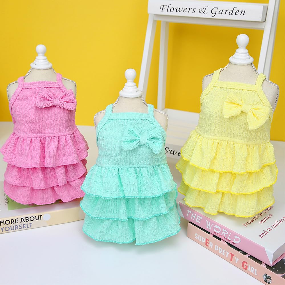 Wiz BBQT Chihuahua Yorkie Dog Dress Sleeveless Ruffles Bow Yellow Size L