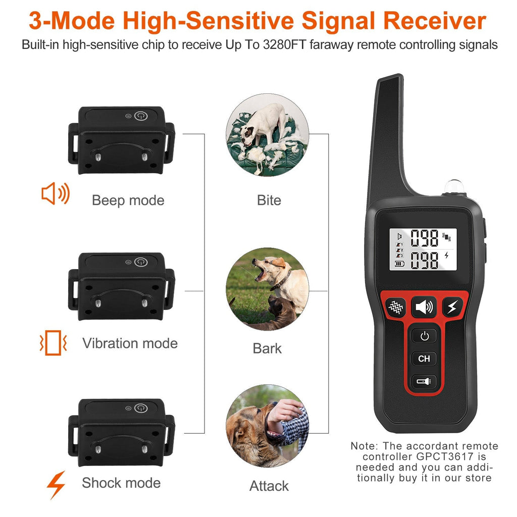 Dog Training Collar Receiver IP67 Waterproof Dog Bark Shock Vibration Beep Receiver Up To 3280ft - Majestic Pet Kingdom