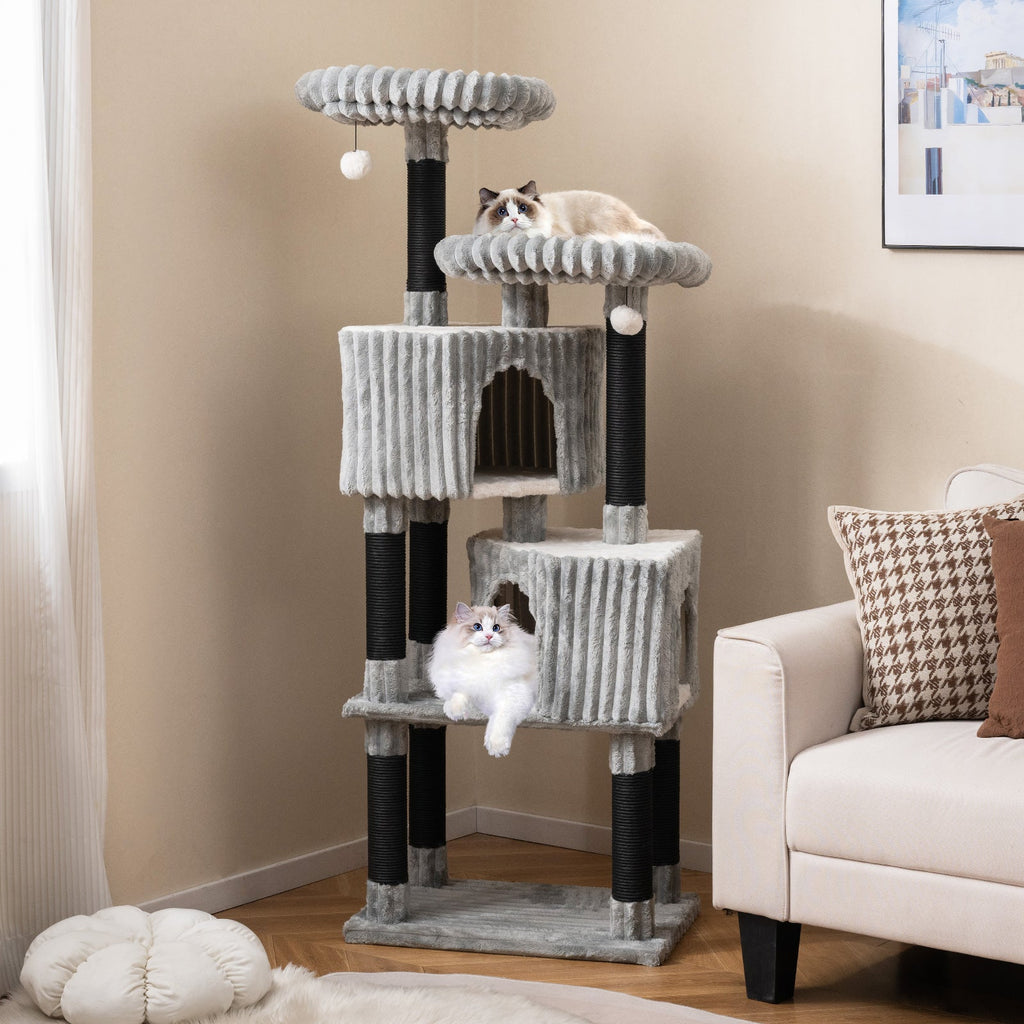 62 Inch Tall Cat Tower with Scratching Posts and Soft Flannel Covering-Light Gray - Majestic Pet Kingdom