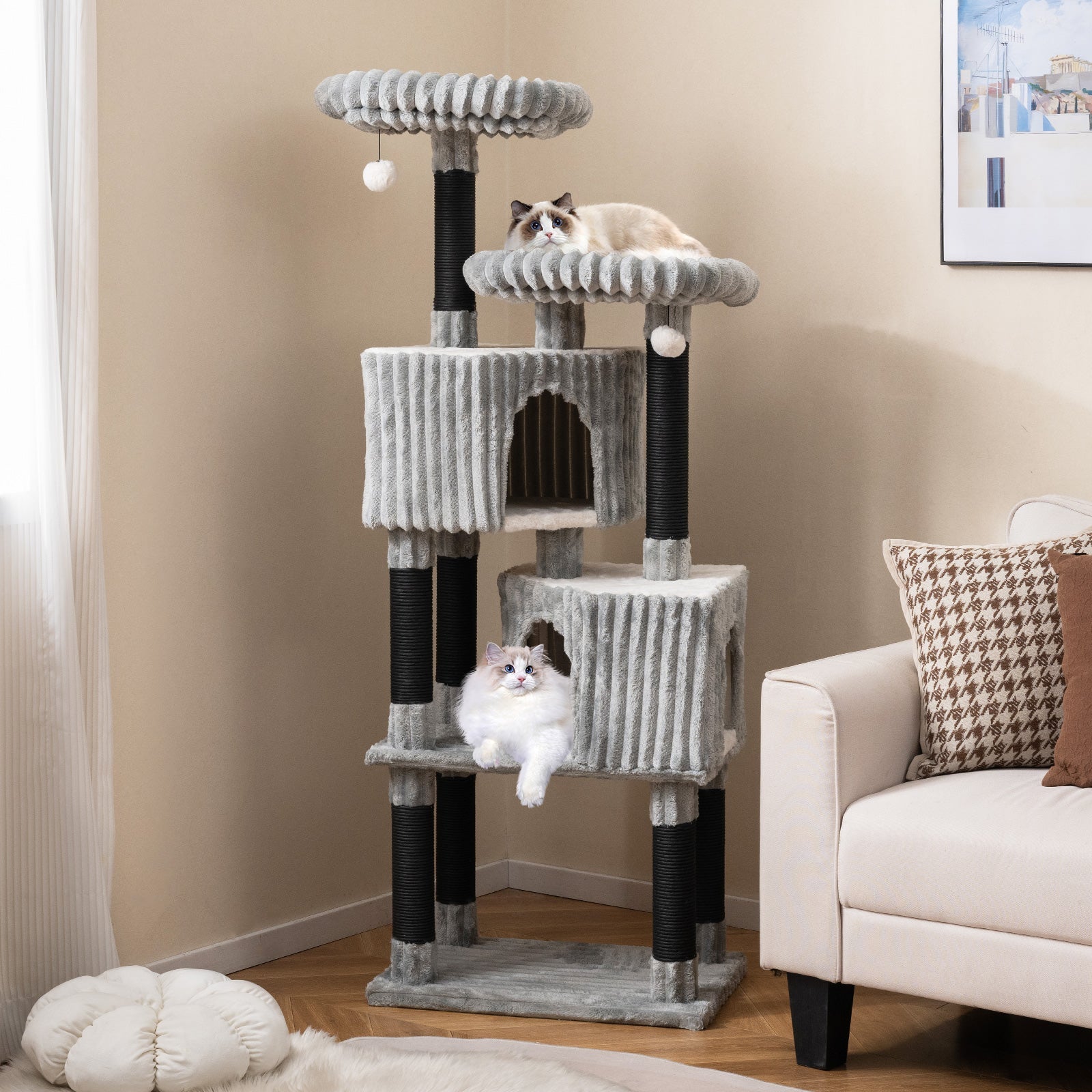 62 Inch Tall Cat Tower with Scratching Posts and Soft Flannel Covering-Light Gray - Majestic Pet Kingdom