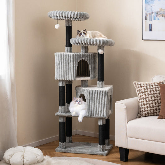 62 Inch Tall Cat Tower with Scratching Posts and Soft Flannel Covering-Light Gray - Majestic Pet Kingdom