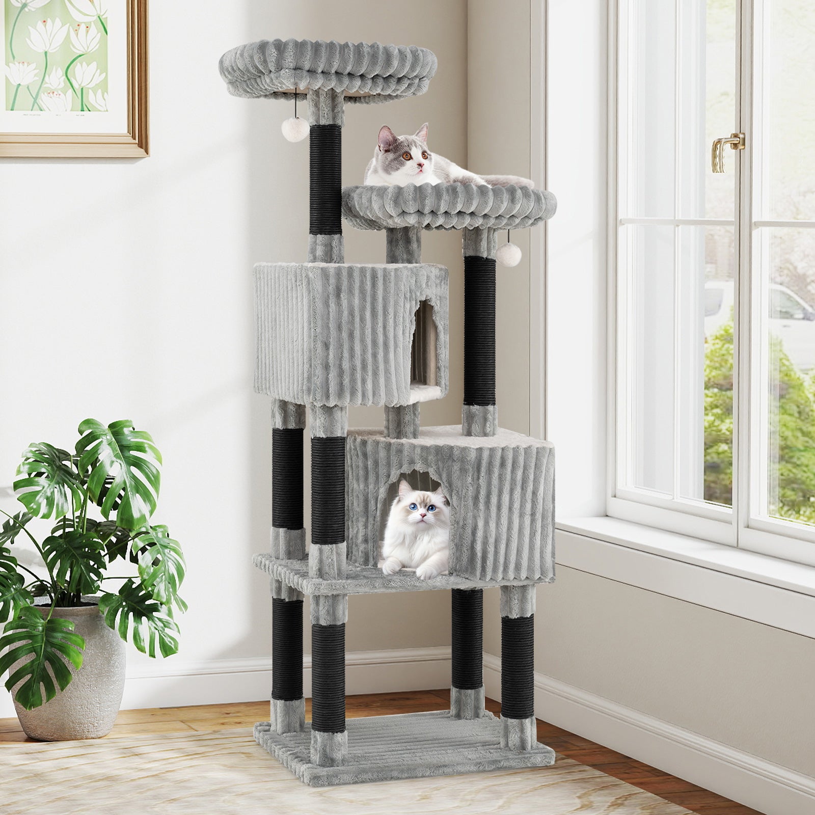 62 Inch Tall Cat Tower with Scratching Posts and Soft Flannel Covering-Light Gray - Majestic Pet Kingdom