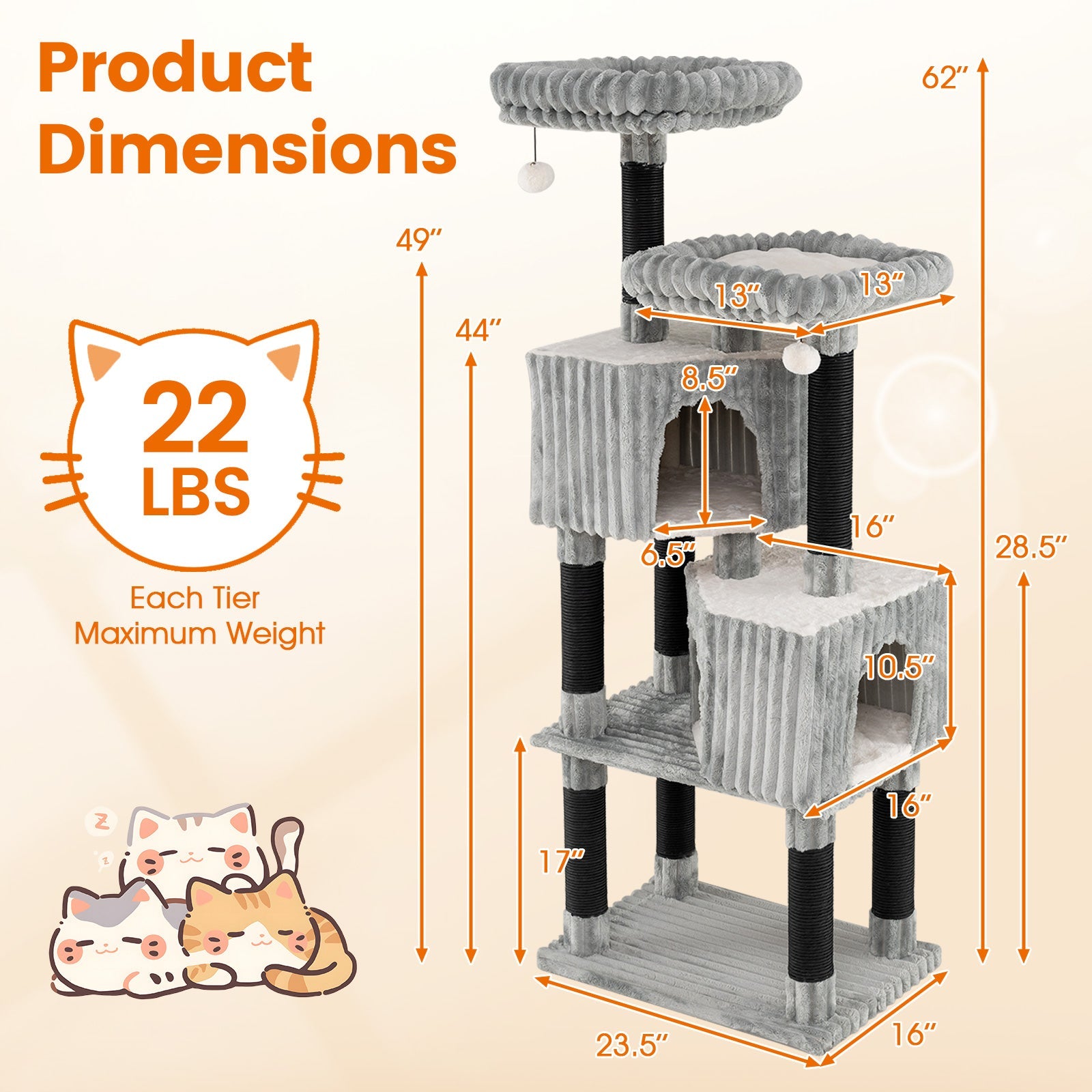 62 Inch Tall Cat Tower with Scratching Posts and Soft Flannel Covering-Light Gray - Majestic Pet Kingdom