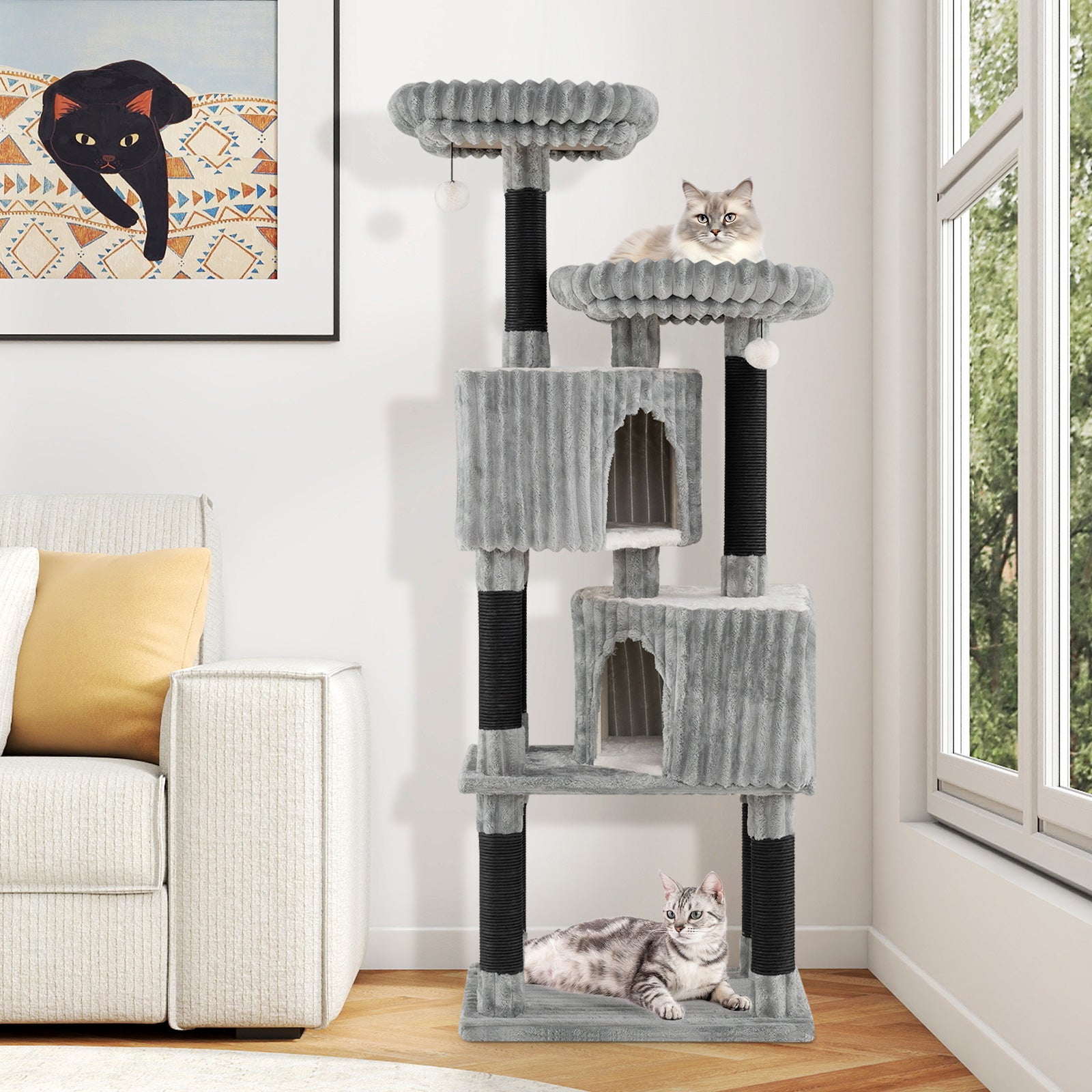 62 Inch Tall Cat Tower with Scratching Posts and Soft Flannel Covering-Light Gray - Majestic Pet Kingdom