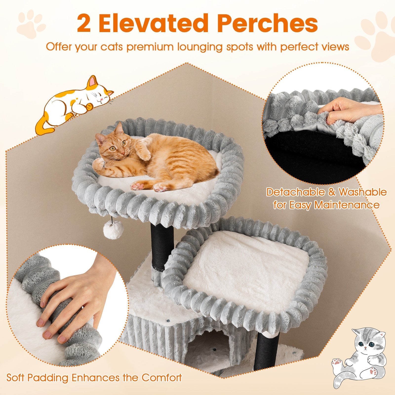 62 Inch Tall Cat Tower with Scratching Posts and Soft Flannel Covering-Light Gray - Majestic Pet Kingdom