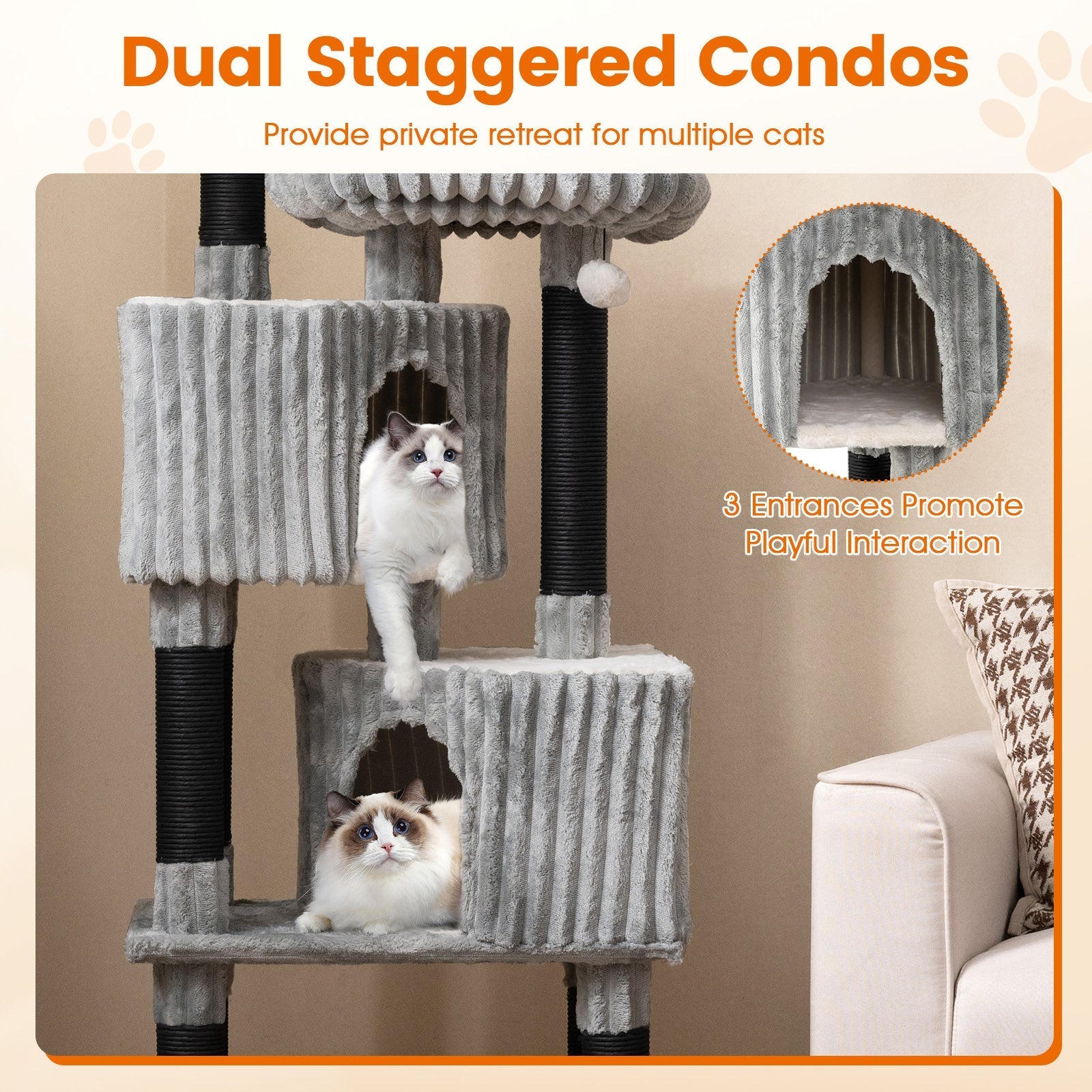 62 Inch Tall Cat Tower with Scratching Posts and Soft Flannel Covering-Light Gray - Majestic Pet Kingdom
