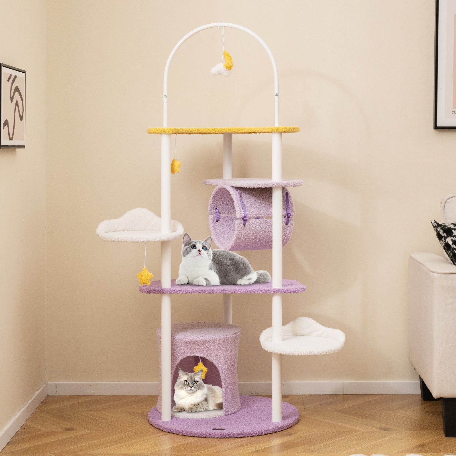 62 Inches Large Cat Tower with Metal Frame and Jumping Platforms-Purple - Majestic Pet Kingdom