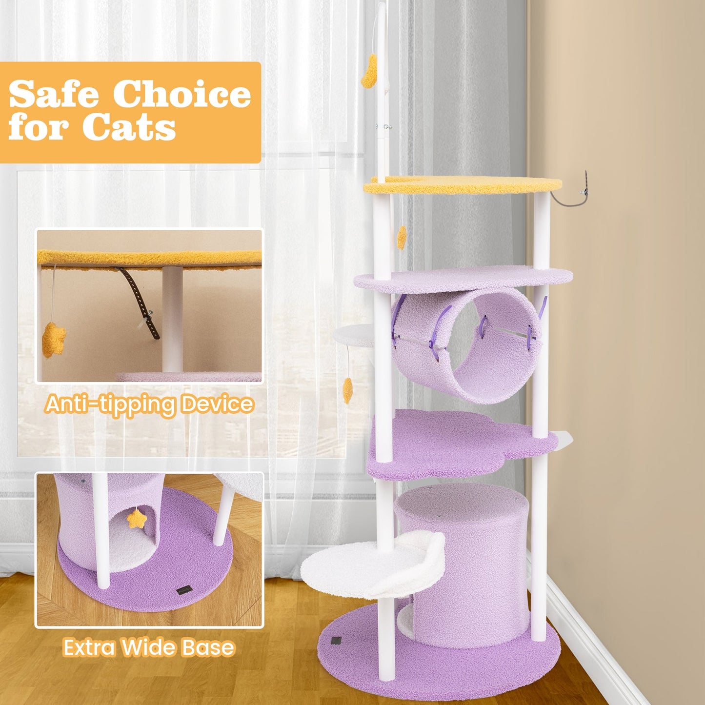 62 Inches Large Cat Tower with Metal Frame and Jumping Platforms-Purple - Majestic Pet Kingdom