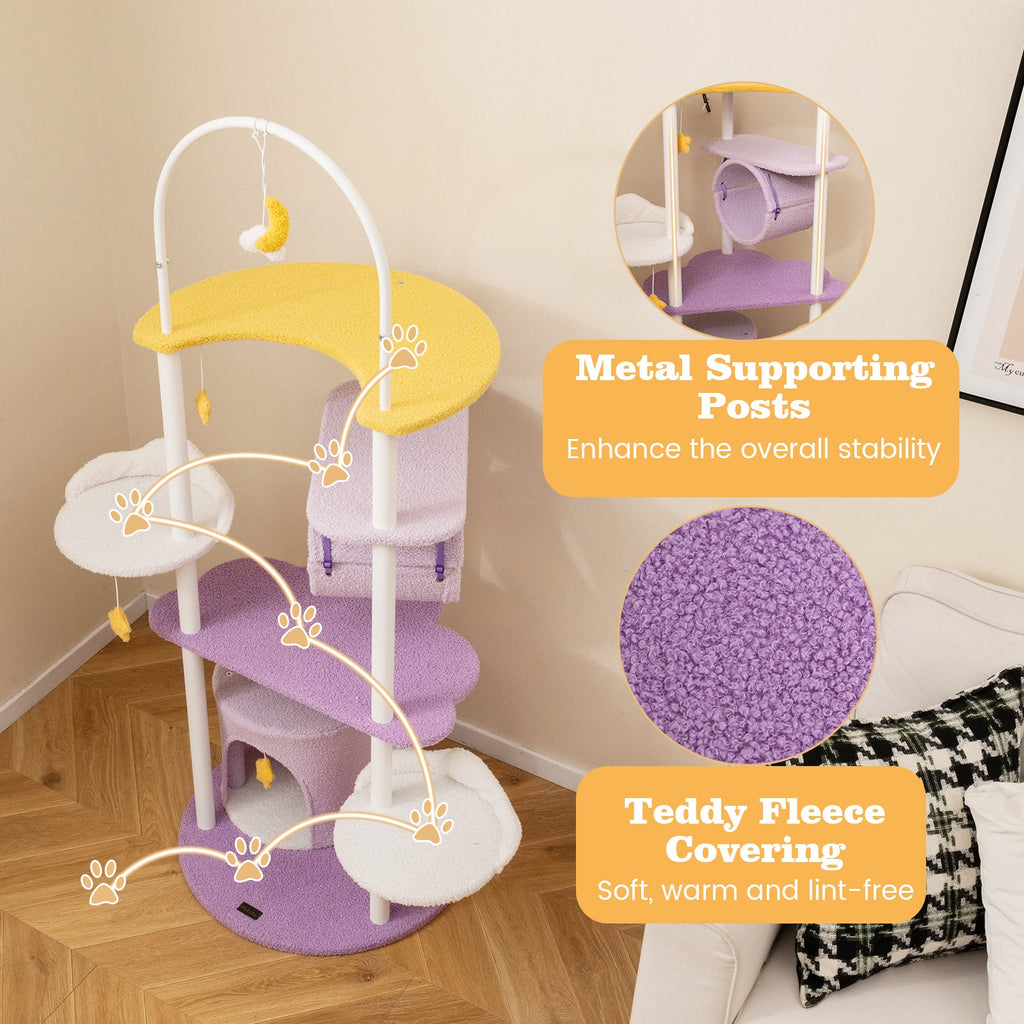 62 Inches Large Cat Tower with Metal Frame and Jumping Platforms-Purple - Majestic Pet Kingdom