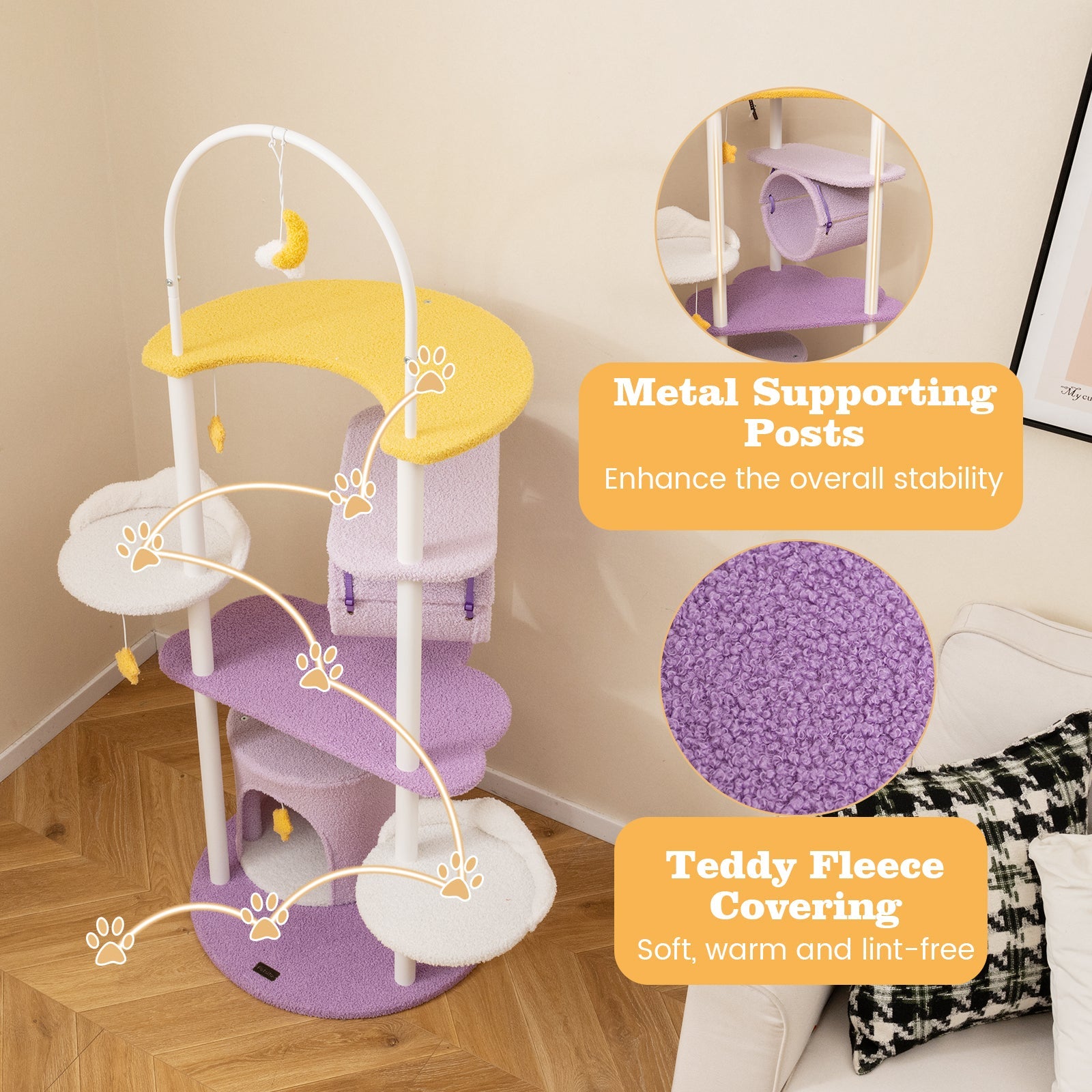 62 Inches Large Cat Tower with Metal Frame and Jumping Platforms-Purple - Majestic Pet Kingdom