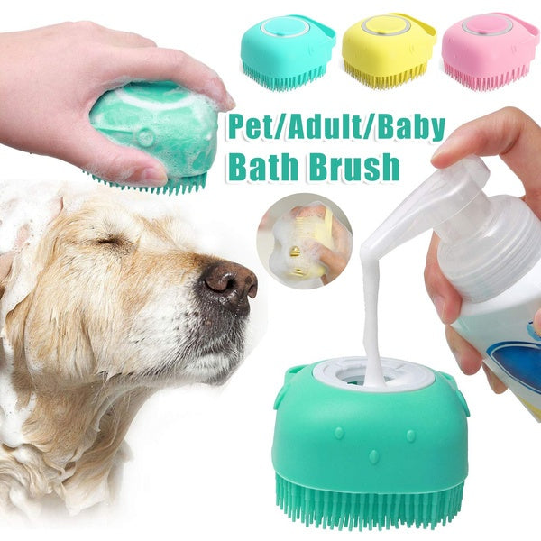 Dog Bath Brush Silicone Shampoo Dispenser Massage Gloves Tool - Main Feature View | Majestic Pet Kingdom