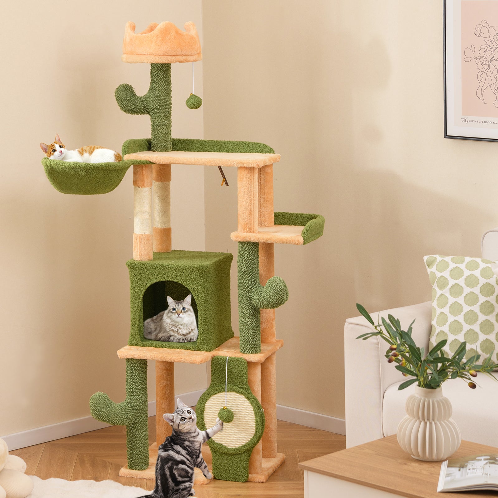 63 Inch Cactus Cat Tree with Sisal Scratching Posts and Board for Indoor Cats - Majestic Pet Kingdom