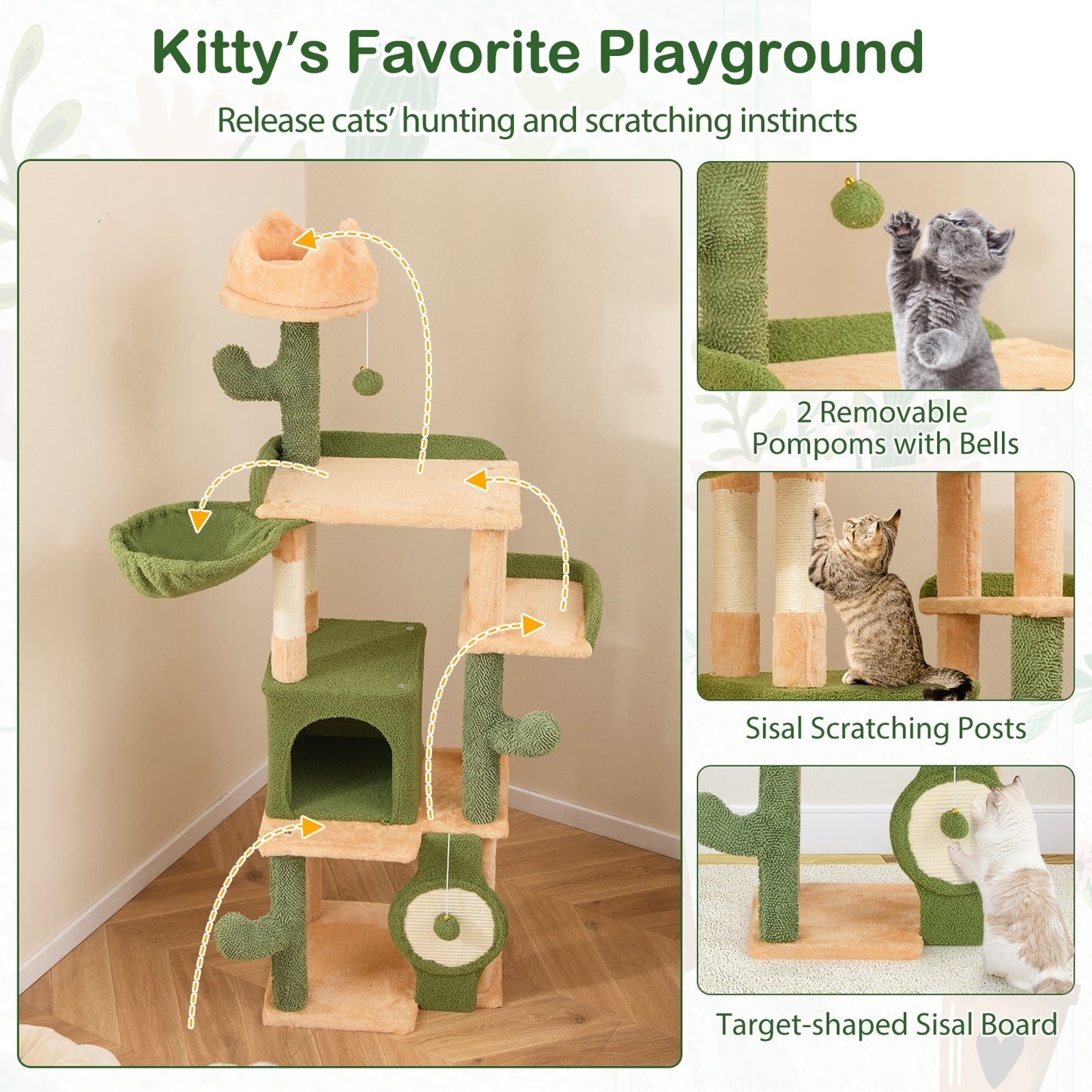 63 Inch Cactus Cat Tree with Sisal Scratching Posts and Board for Indoor Cats | Purrfect Pet Kingdom