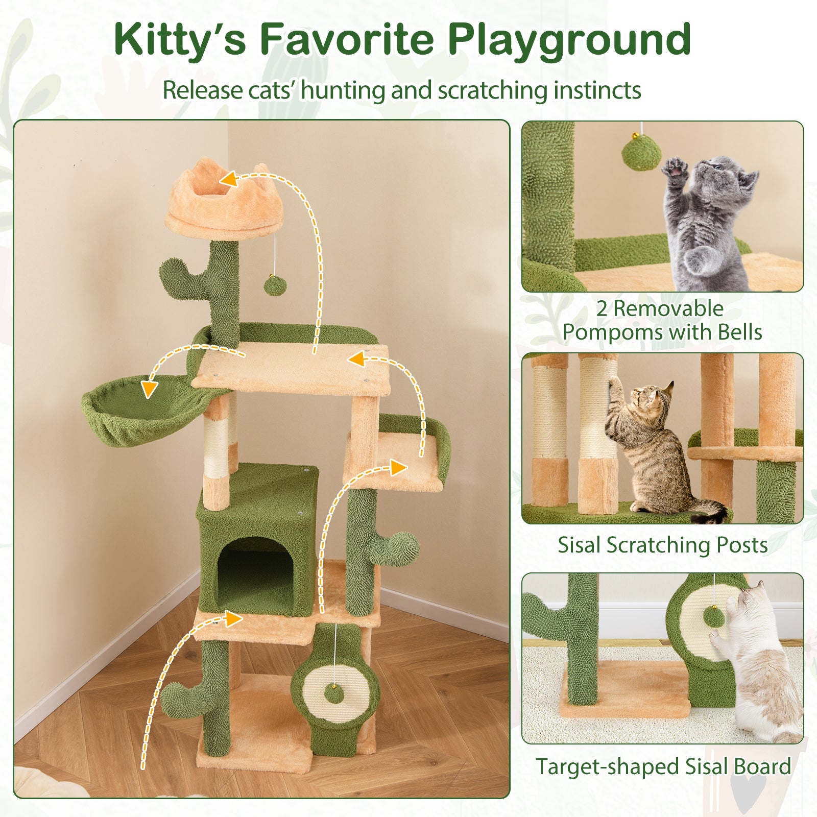 63 Inch Cactus Cat Tree with Sisal Scratching Posts and Board for Indoor Cats | Purrfect Pet Kingdom