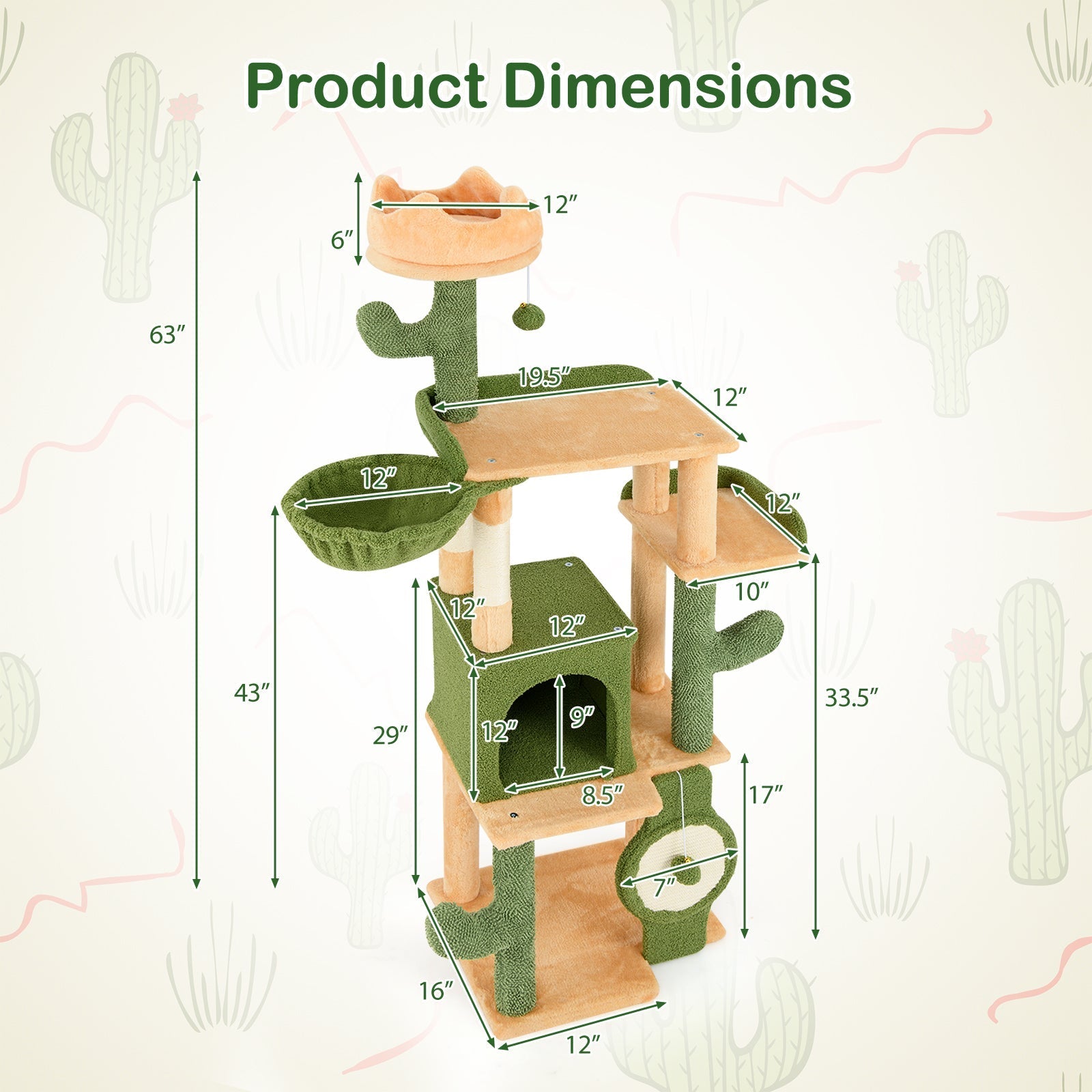 63 Inch Cactus Cat Tree with Sisal Scratching Posts and Board for Indoor Cats - Majestic Pet Kingdom