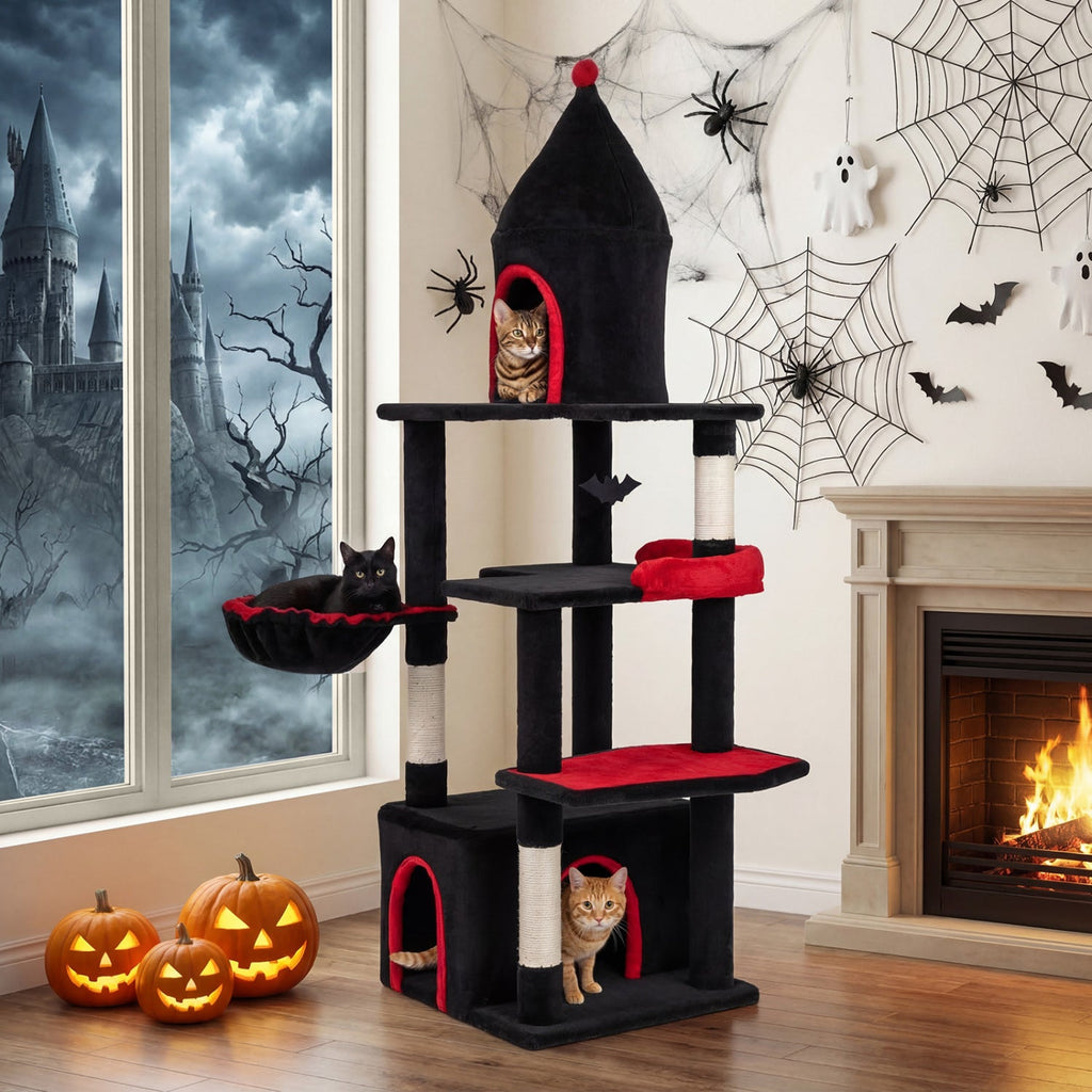 63 Inch Gothic Cat Tree with Condo and Top Cave for Large Cats 20+ LBS - Majestic Pet Kingdom