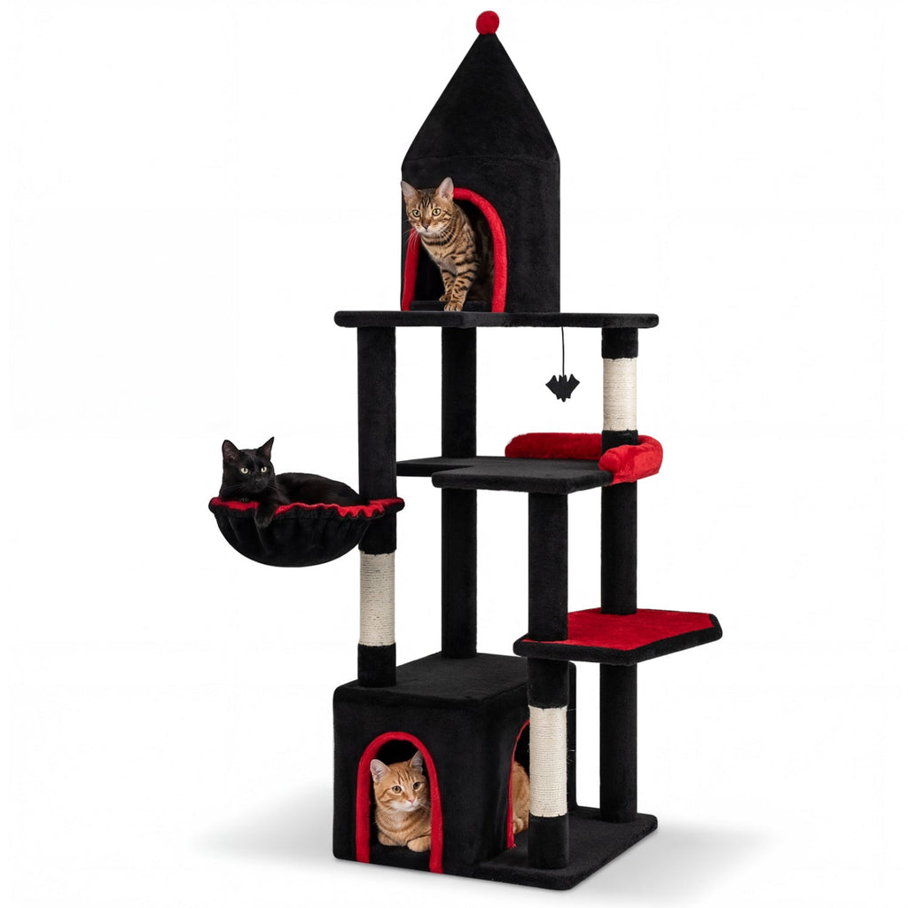 63 Inch Gothic Cat Tree with Condo and Top Cave for Large Cats 20+ LBS - Majestic Pet Kingdom