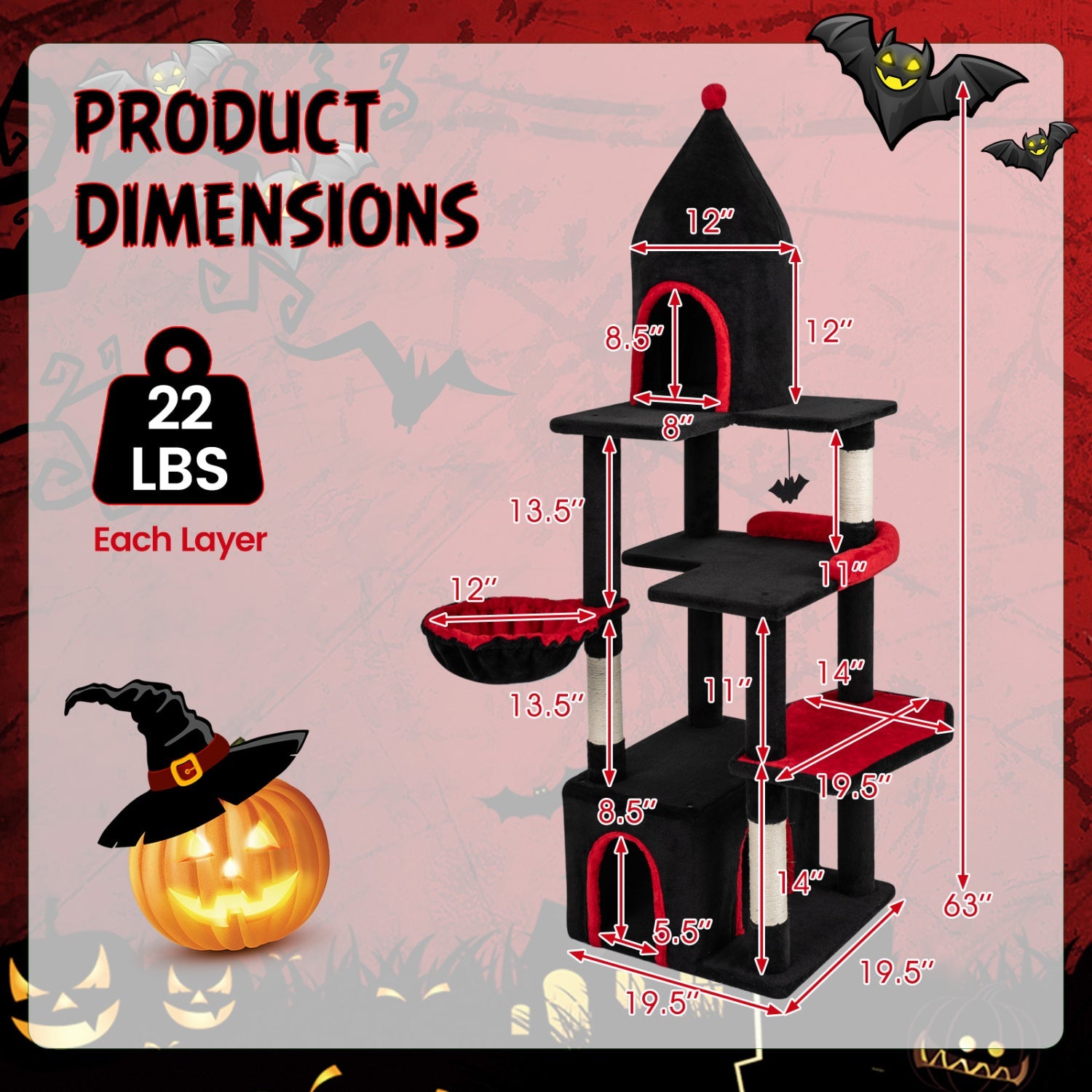 63 Inch Gothic Cat Tree with Condo and Top Cave for Large Cats 20+ LBS - Majestic Pet Kingdom