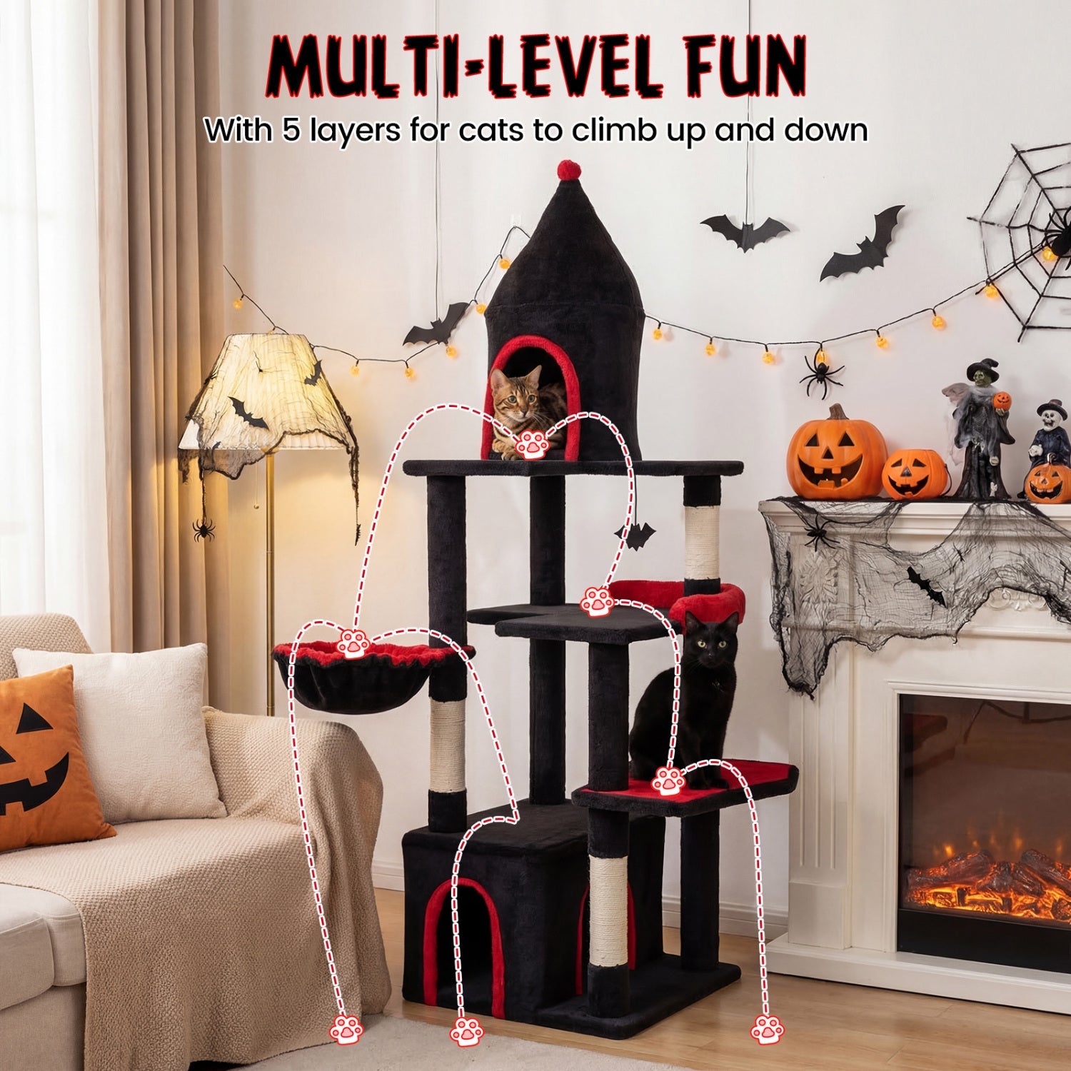 63 Inch Gothic Cat Tree with Condo and Top Cave for Large Cats 20+ LBS - Majestic Pet Kingdom