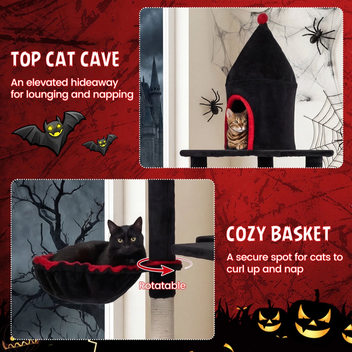 63 Inch Gothic Cat Tree with Condo and Top Cave for Large Cats 20+ LBS - Majestic Pet Kingdom